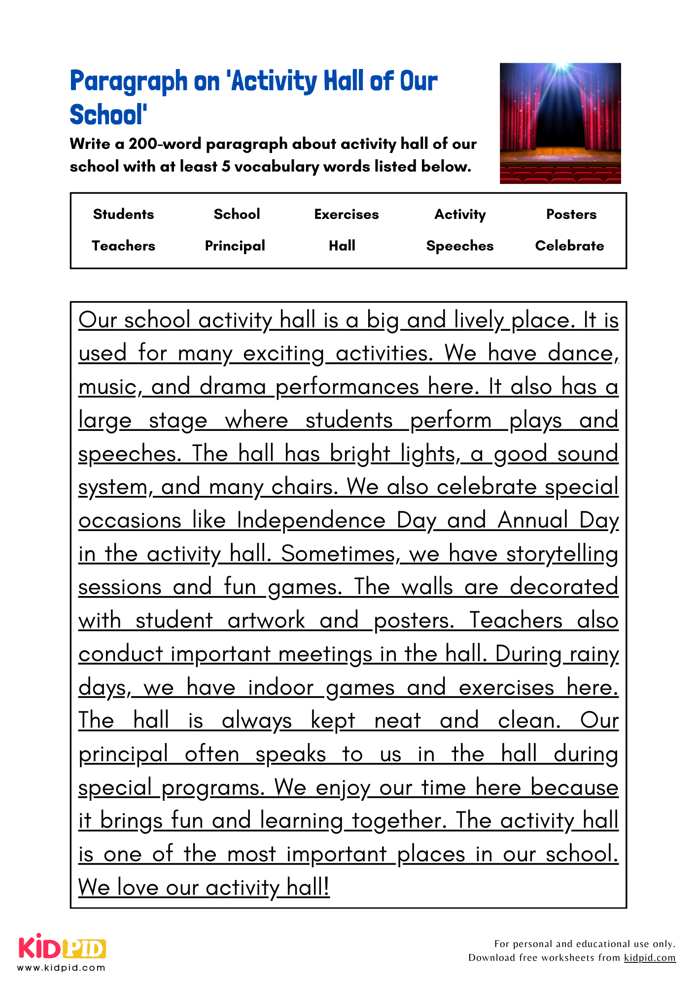 Paragraph on 'Activity Hall of Our School' - 200 Words