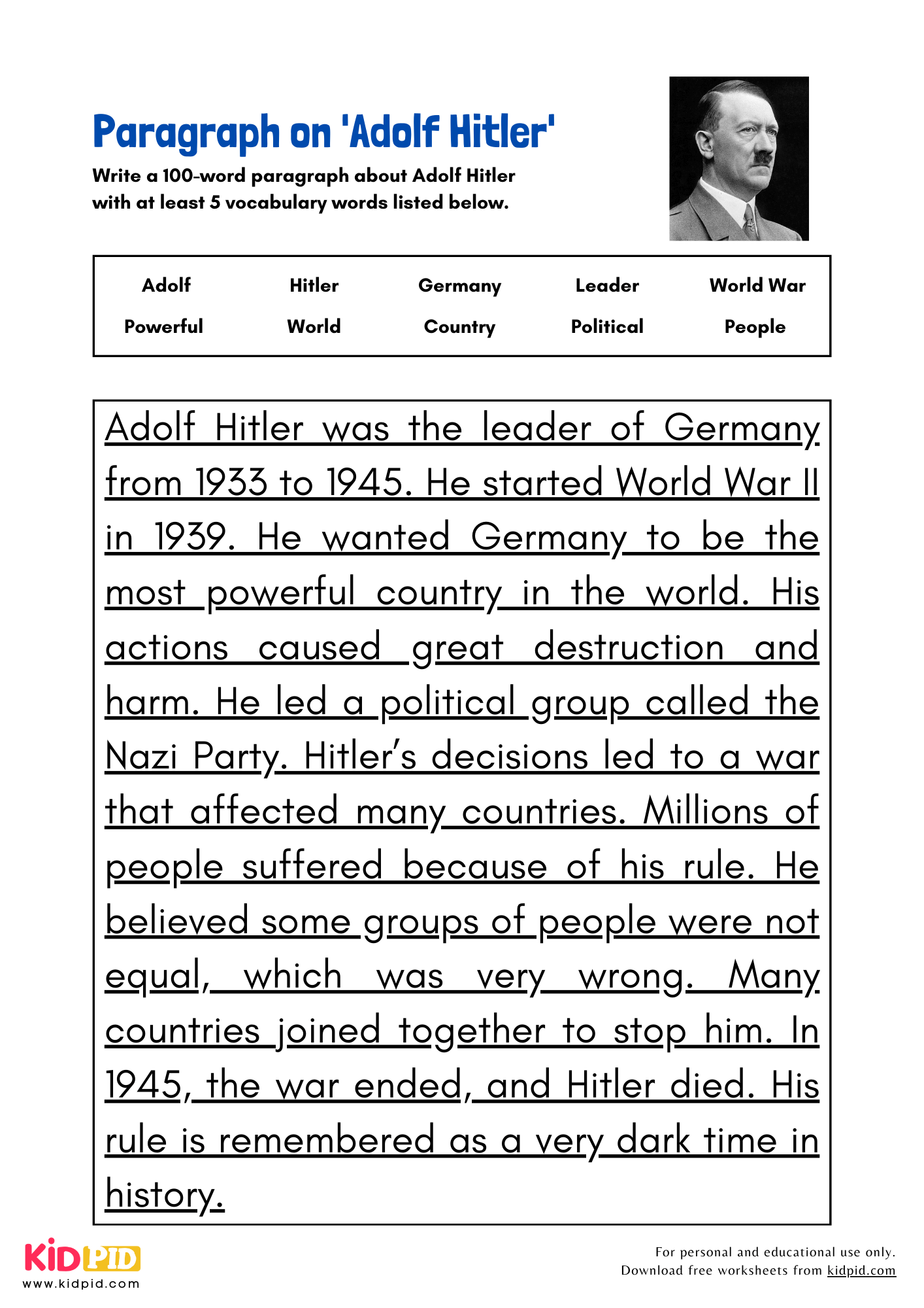 Paragraph on 'Adolf Hitler' - 100 Words
