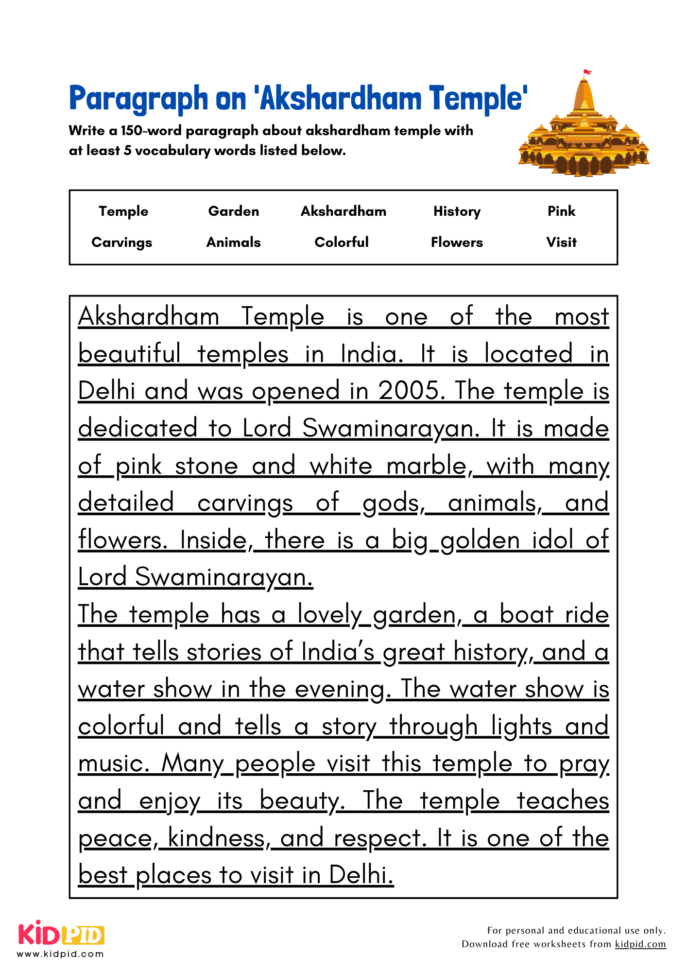Paragraph on 'Akshardham Temple' - 150 Words