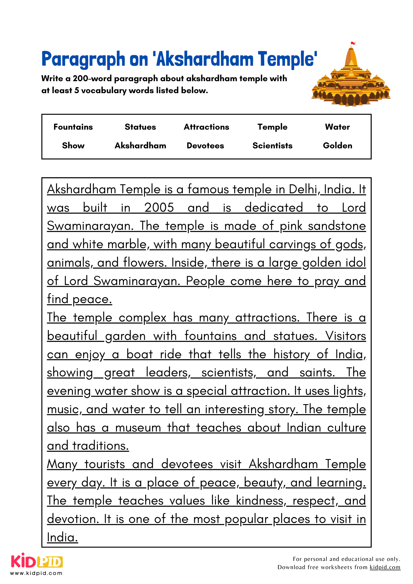 Paragraph on 'Akshardham Temple' - 200 Words