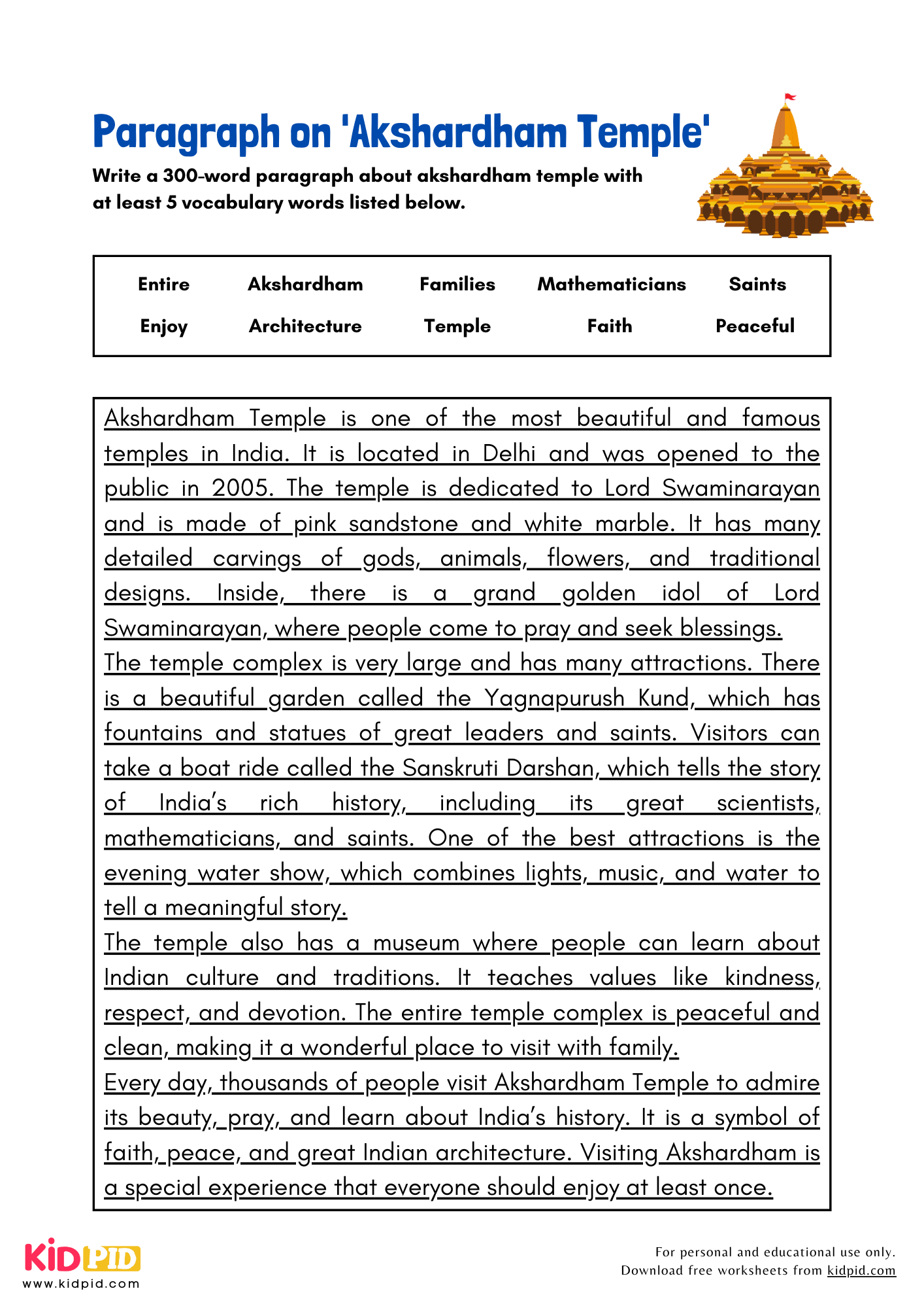 Paragraph on 'Akshardham Temple' - 300 Words