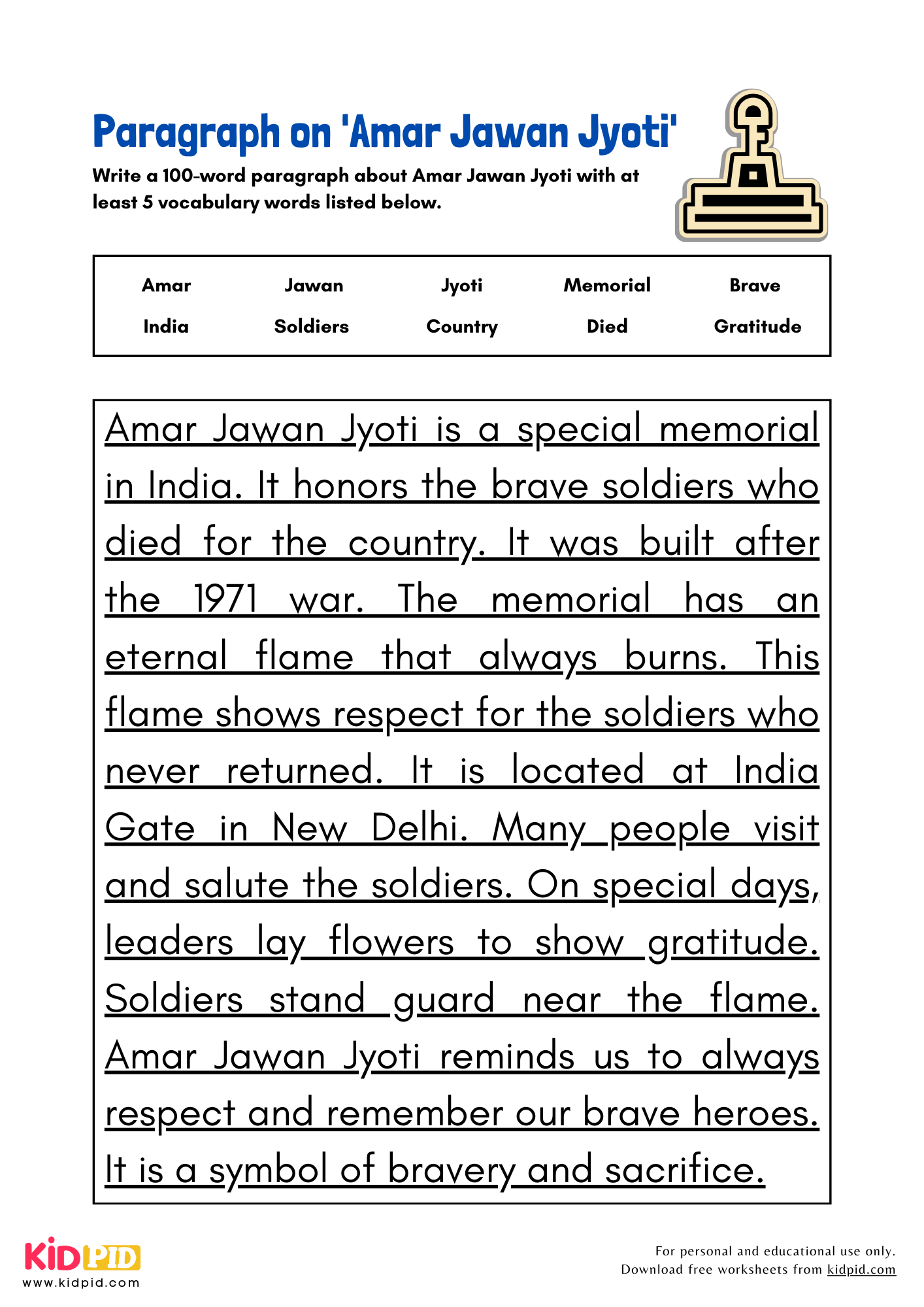Paragraph on 'Amar Jawan Jyoti' - 100 Words