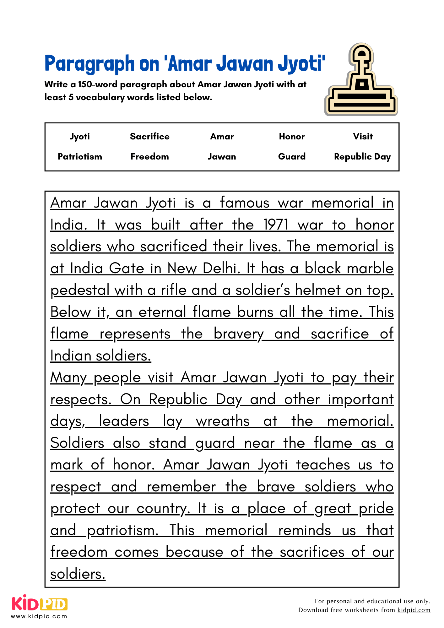 Paragraph on 'Amar Jawan Jyoti' - 150 Words
