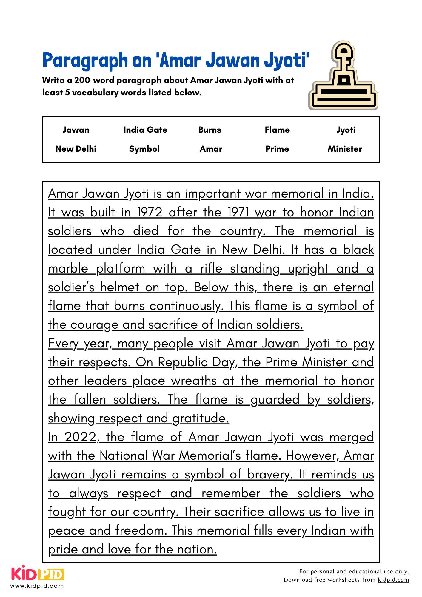 Paragraph on 'Amar Jawan Jyoti' - 200 Words