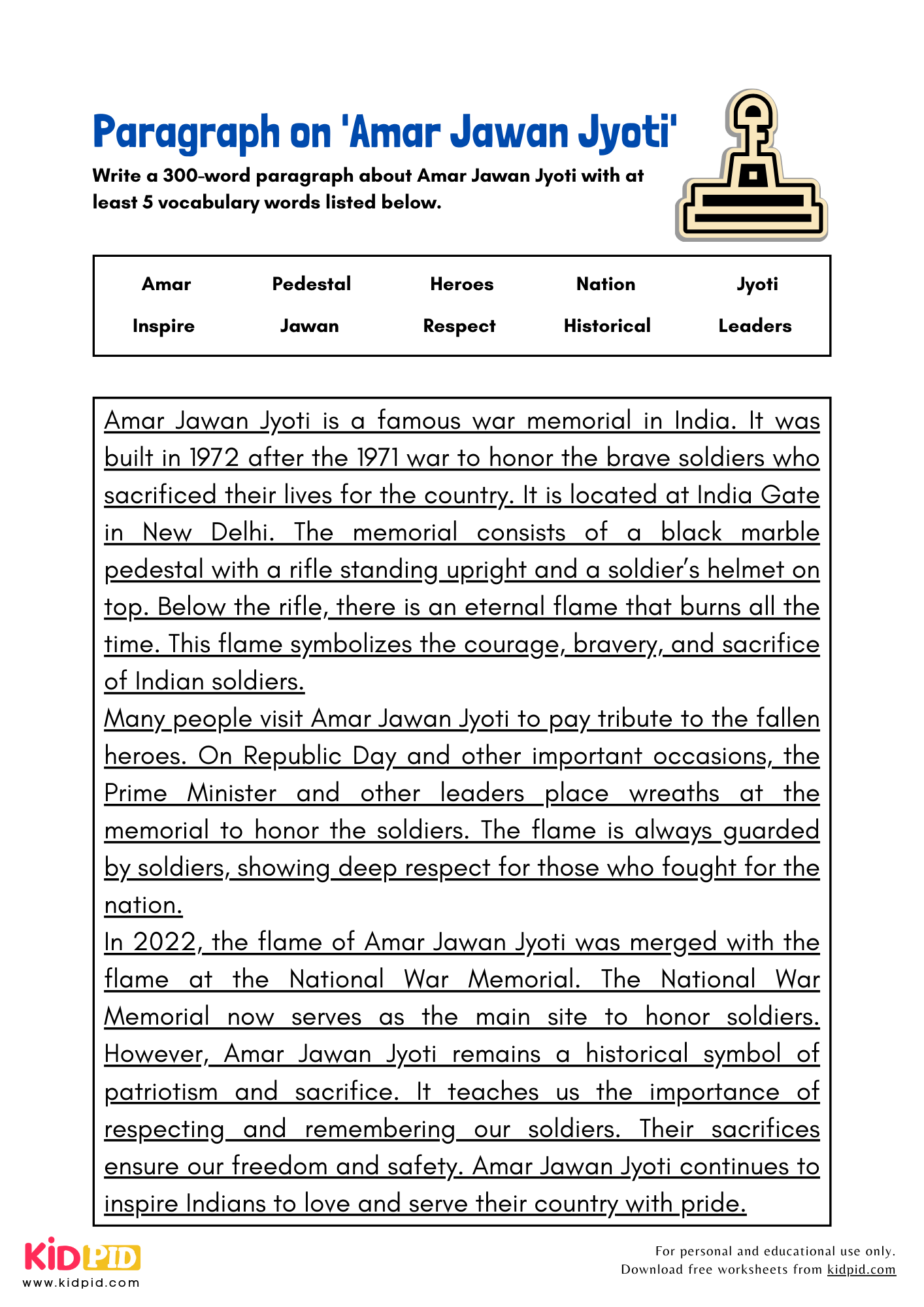 Paragraph on 'Amar Jawan Jyoti' - 300 Words