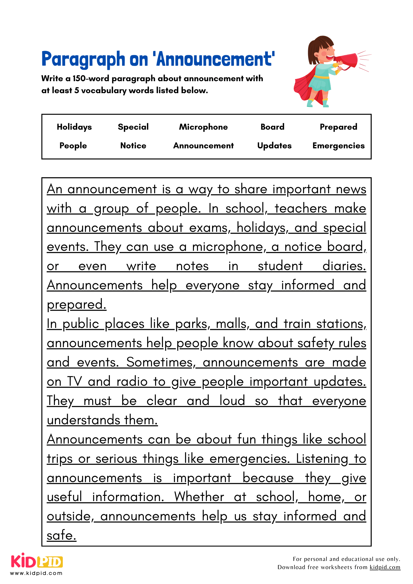 Paragraph on 'Announcement' - 150 Words