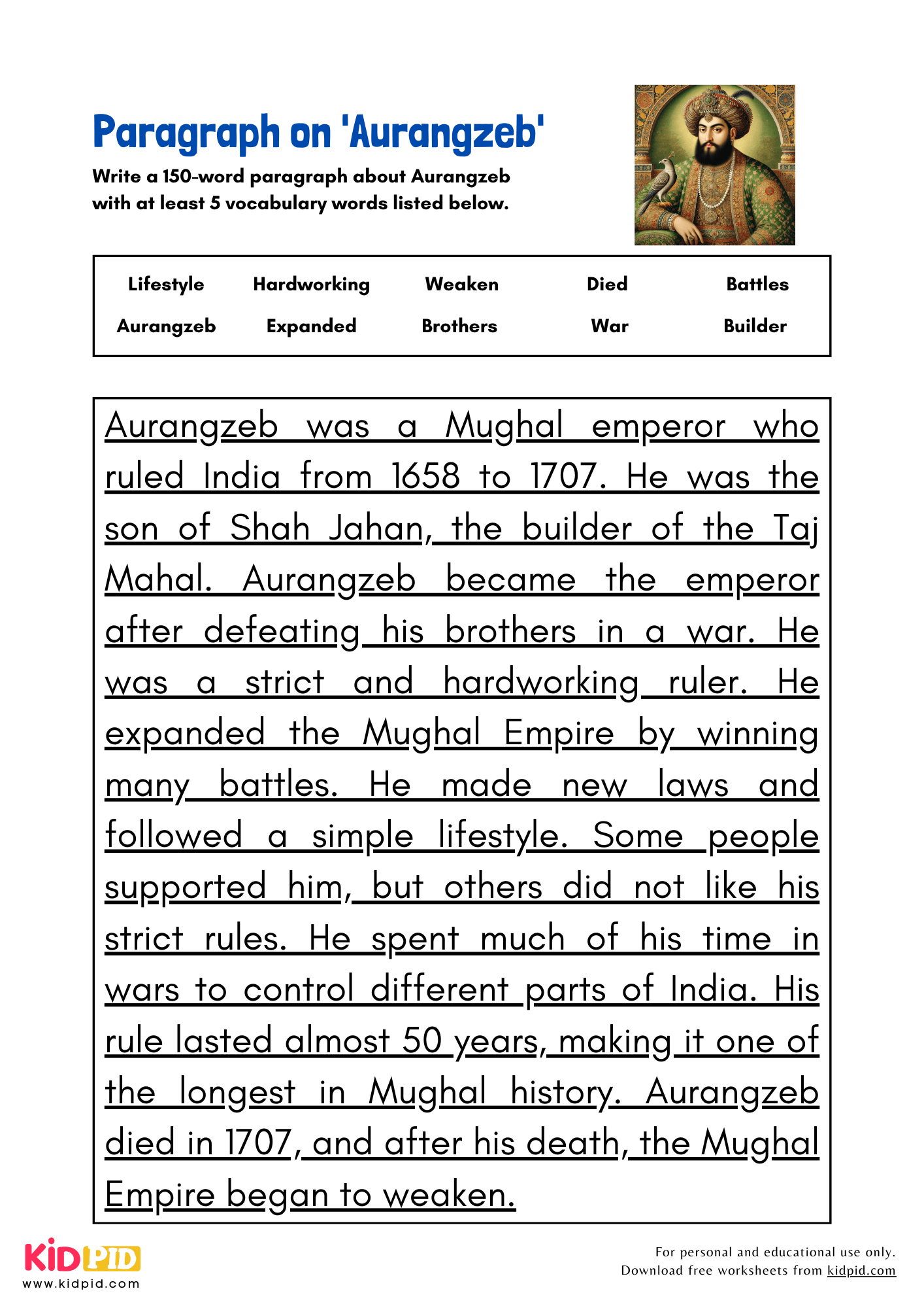 Paragraph on 'Aurangzeb' - 150 Words