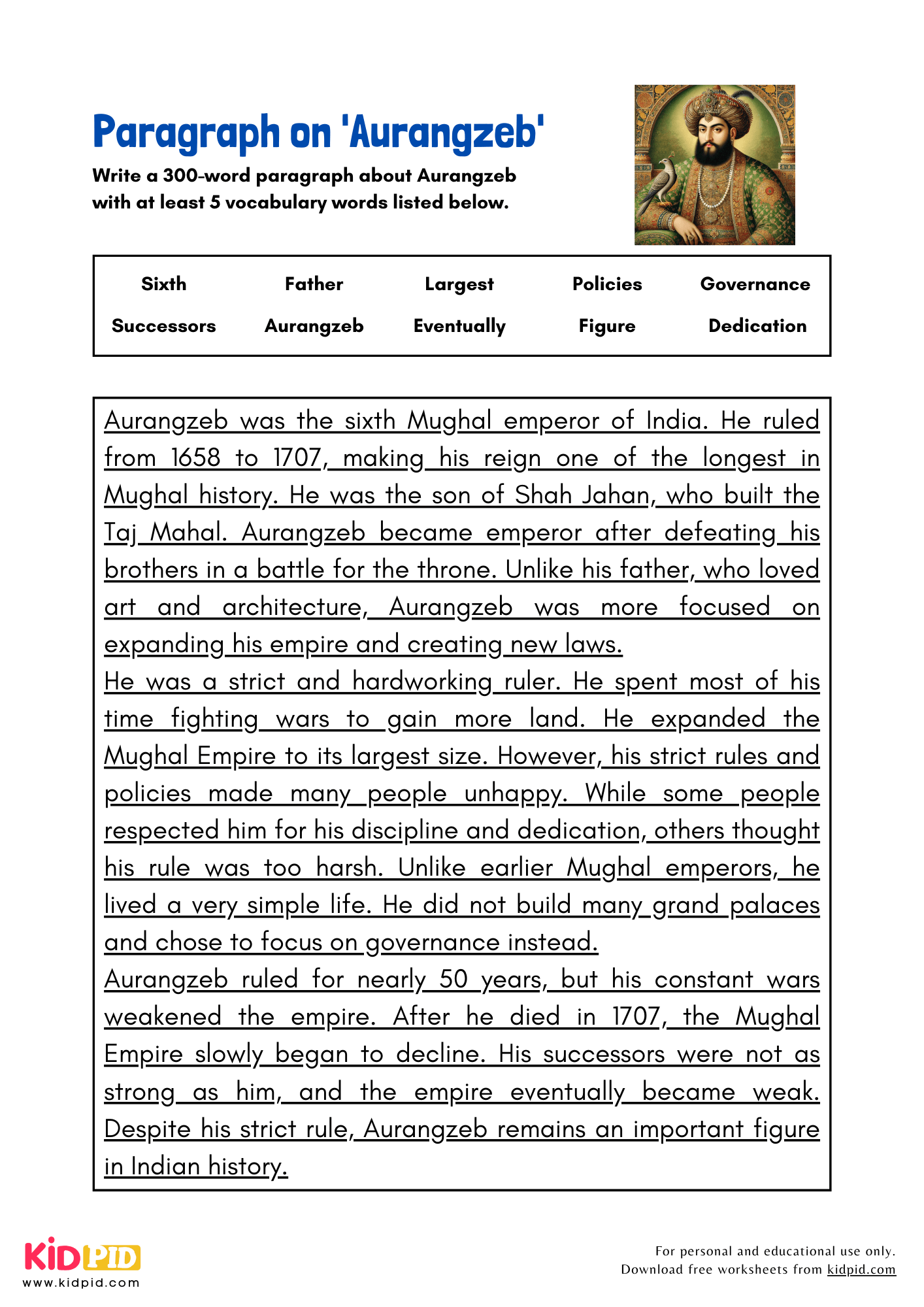 Paragraph on 'Aurangzeb' - 300 Words