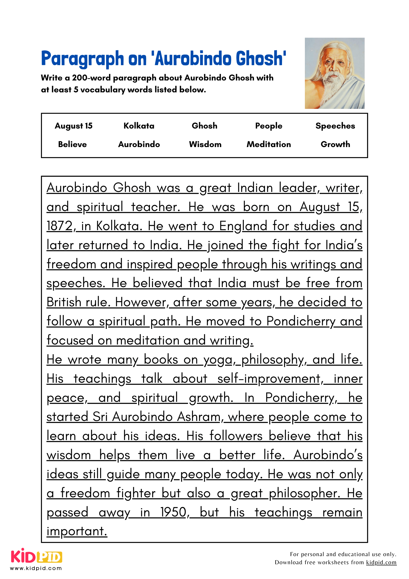 Paragraph on 'Aurobindo Ghosh' - 200 Words