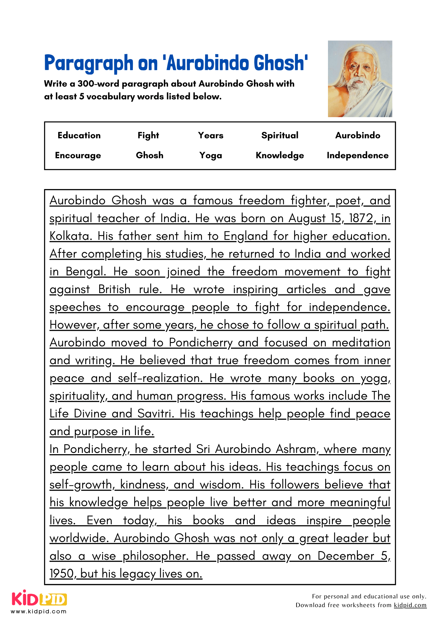 Paragraph on 'Aurobindo Ghosh' - 300 Words