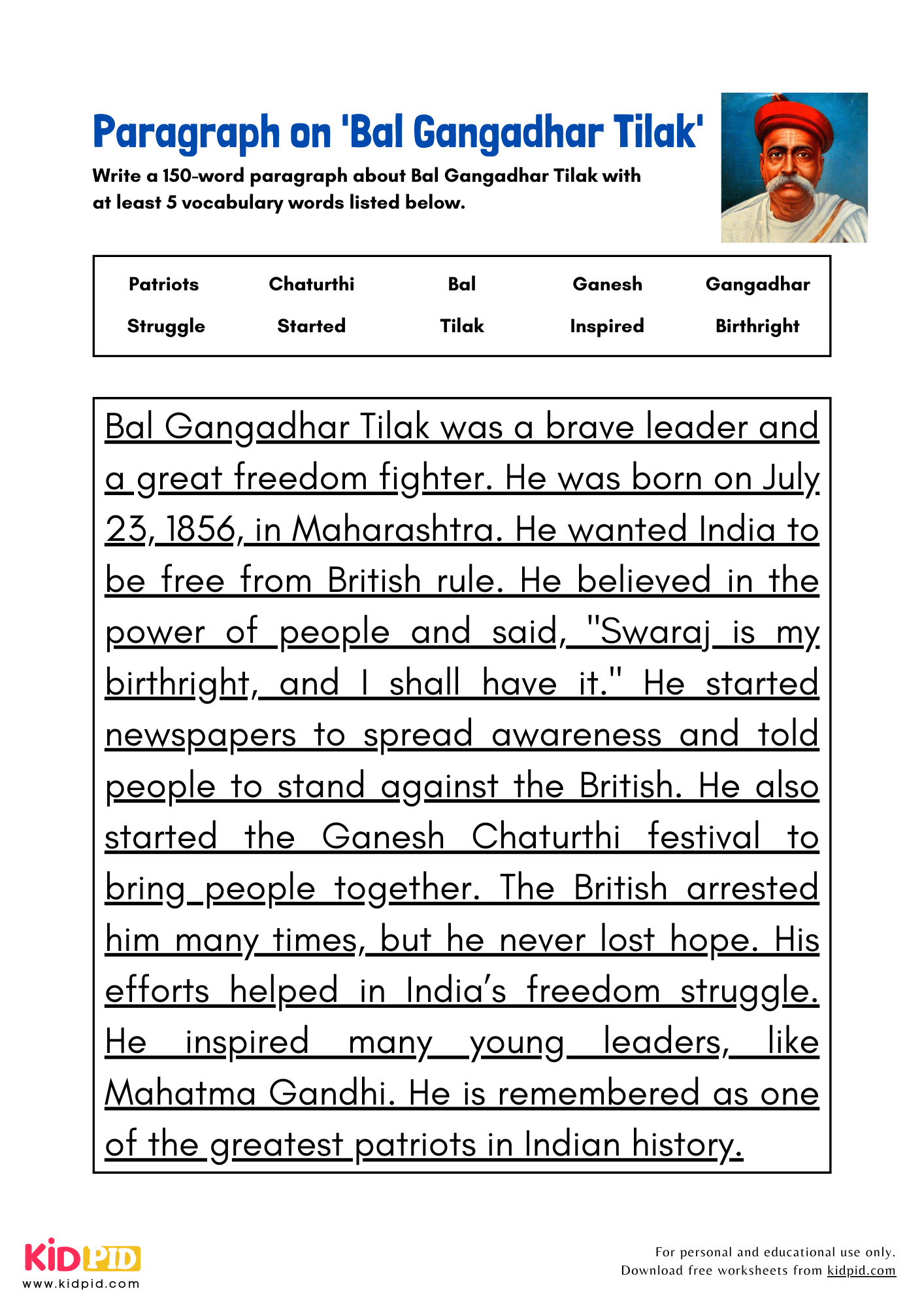 Paragraph on 'Bal Gangadhar Tilak' - 150 Words