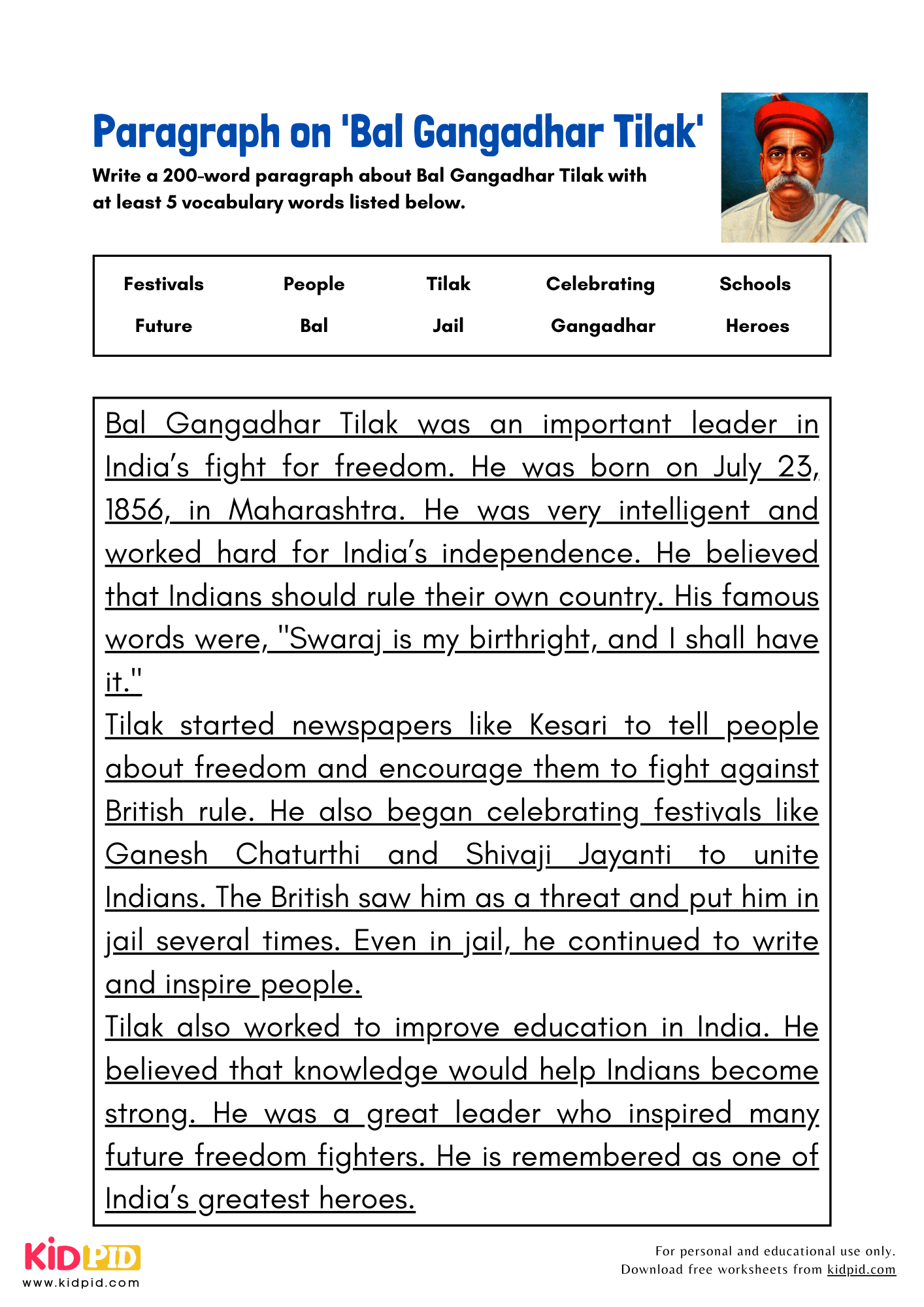 Paragraph on 'Bal Gangadhar Tilak' - 200 Words