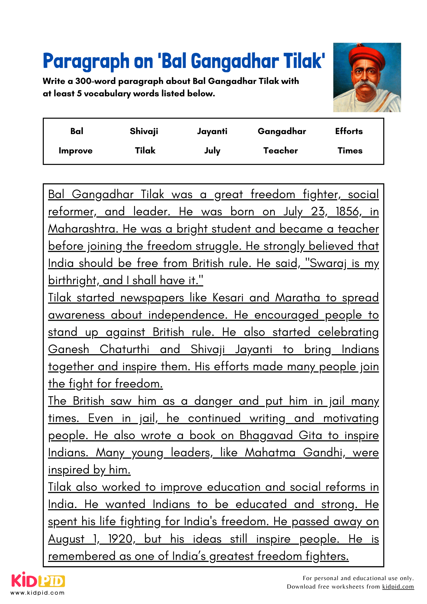 Paragraph on 'Bal Gangadhar Tilak' - 300 Words