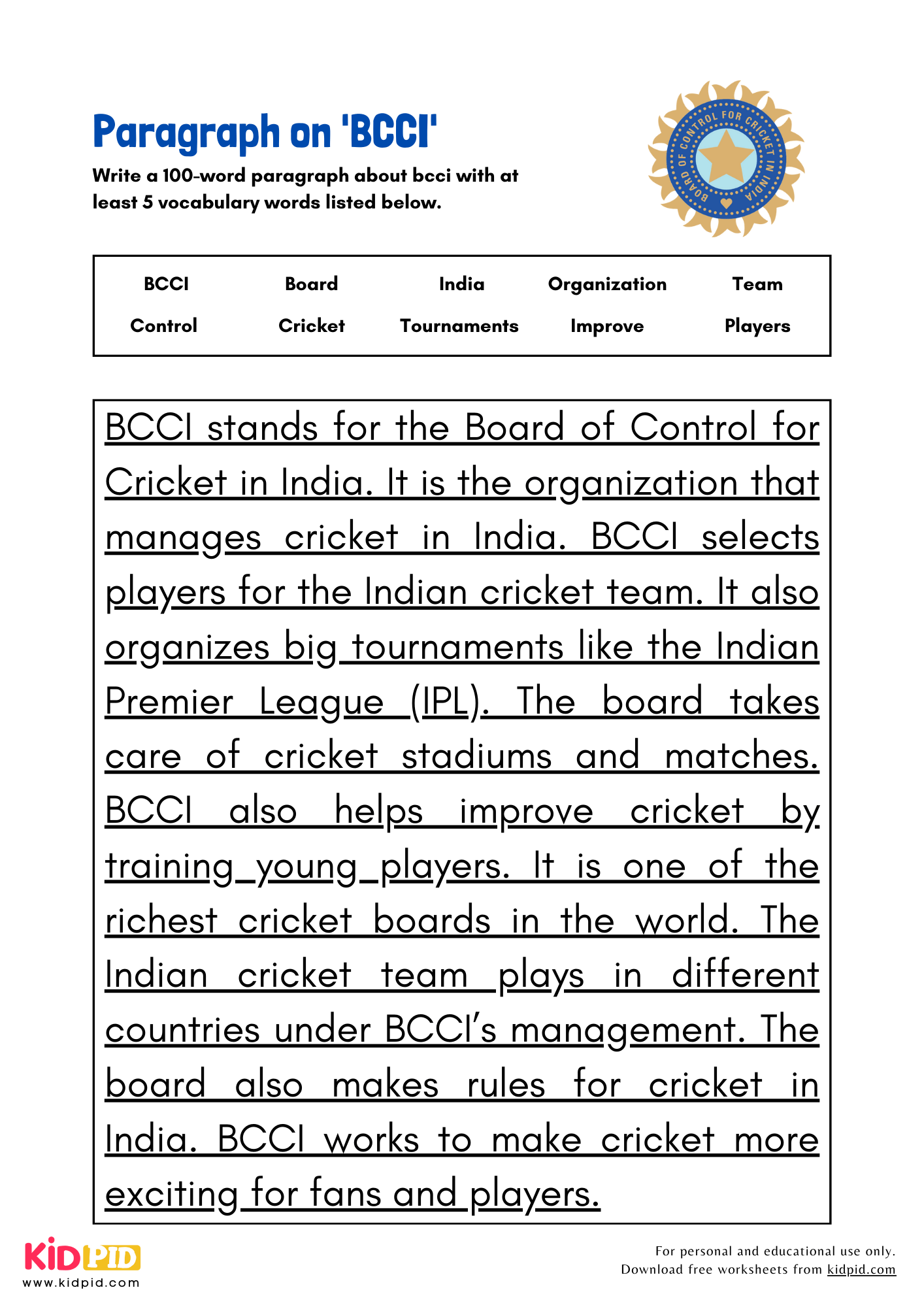 Paragraph on 'BCCI' - 100 Words