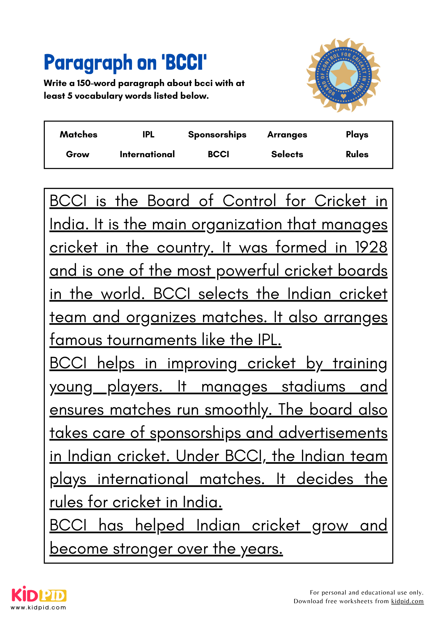 Paragraph on 'BCCI' - 150 Words