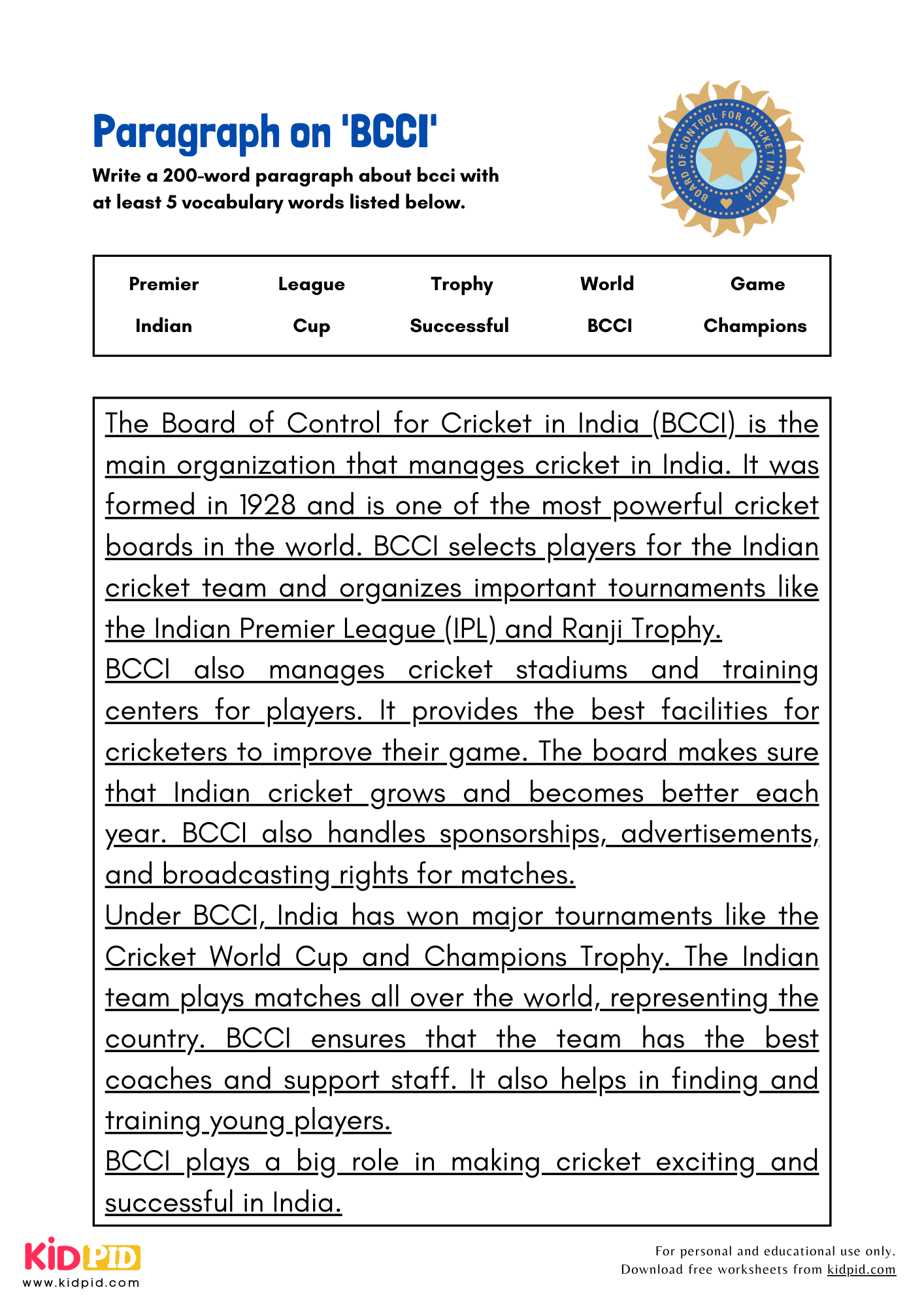 Paragraph on 'BCCI' - 200 Words