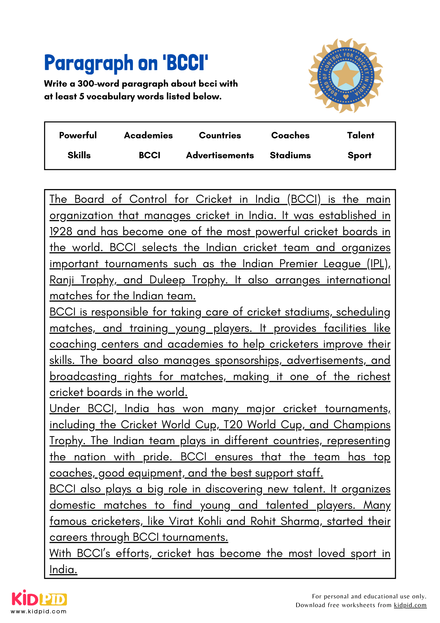 Paragraph on 'BCCI' - 300 Words