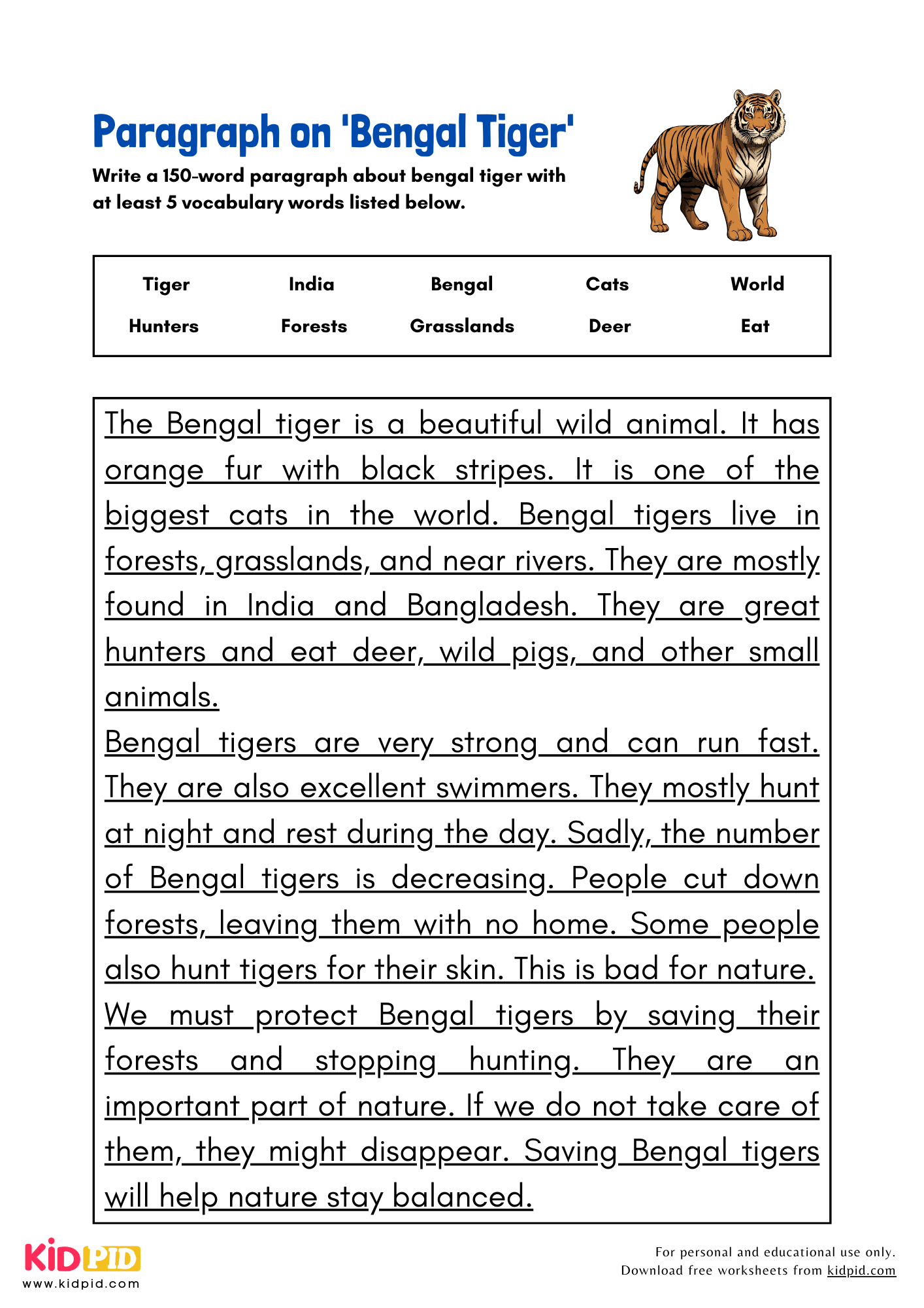 Paragraph on 'Bengal Tiger' - 150 Words