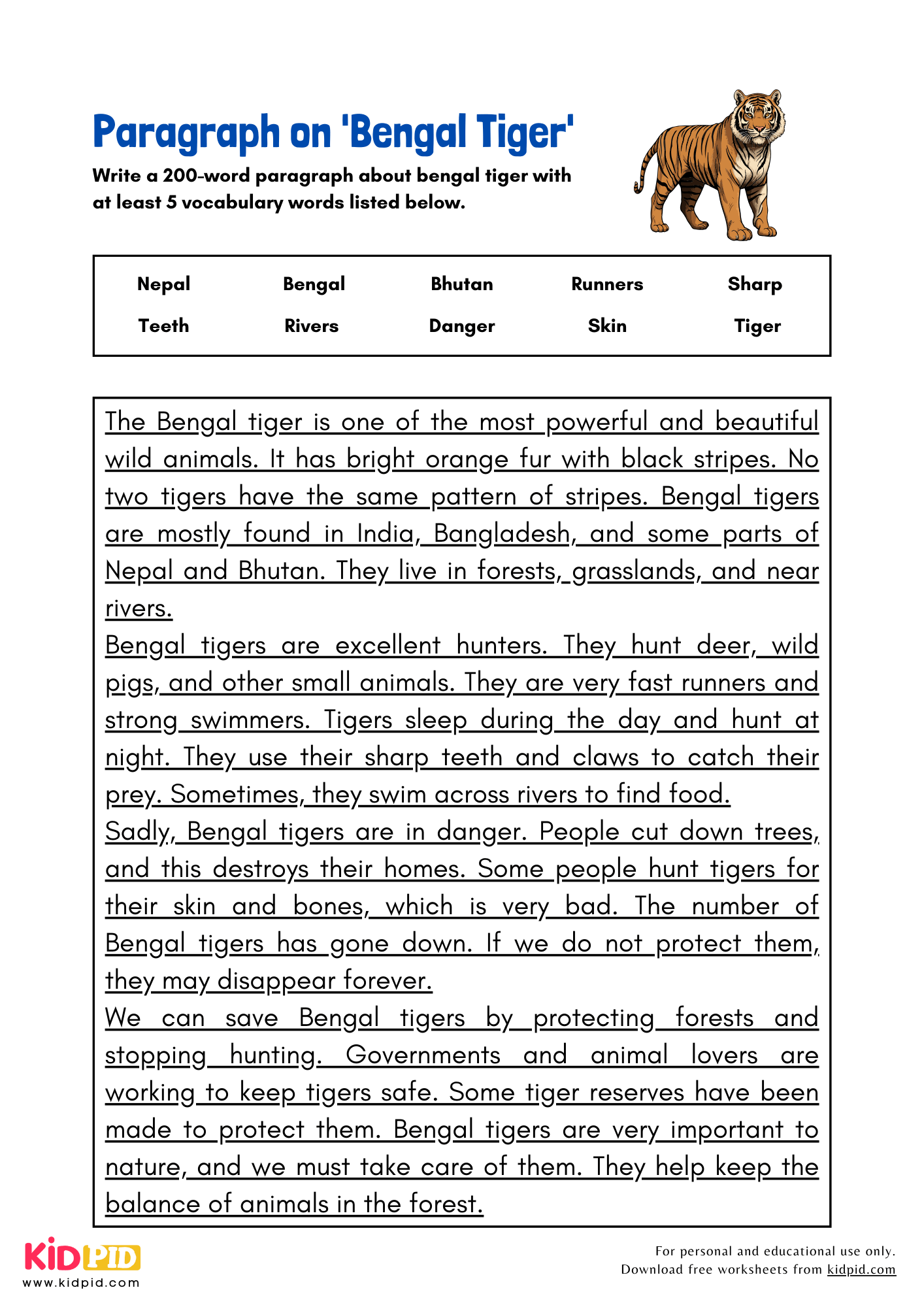 Paragraph on 'Bengal Tiger' - 200 Words