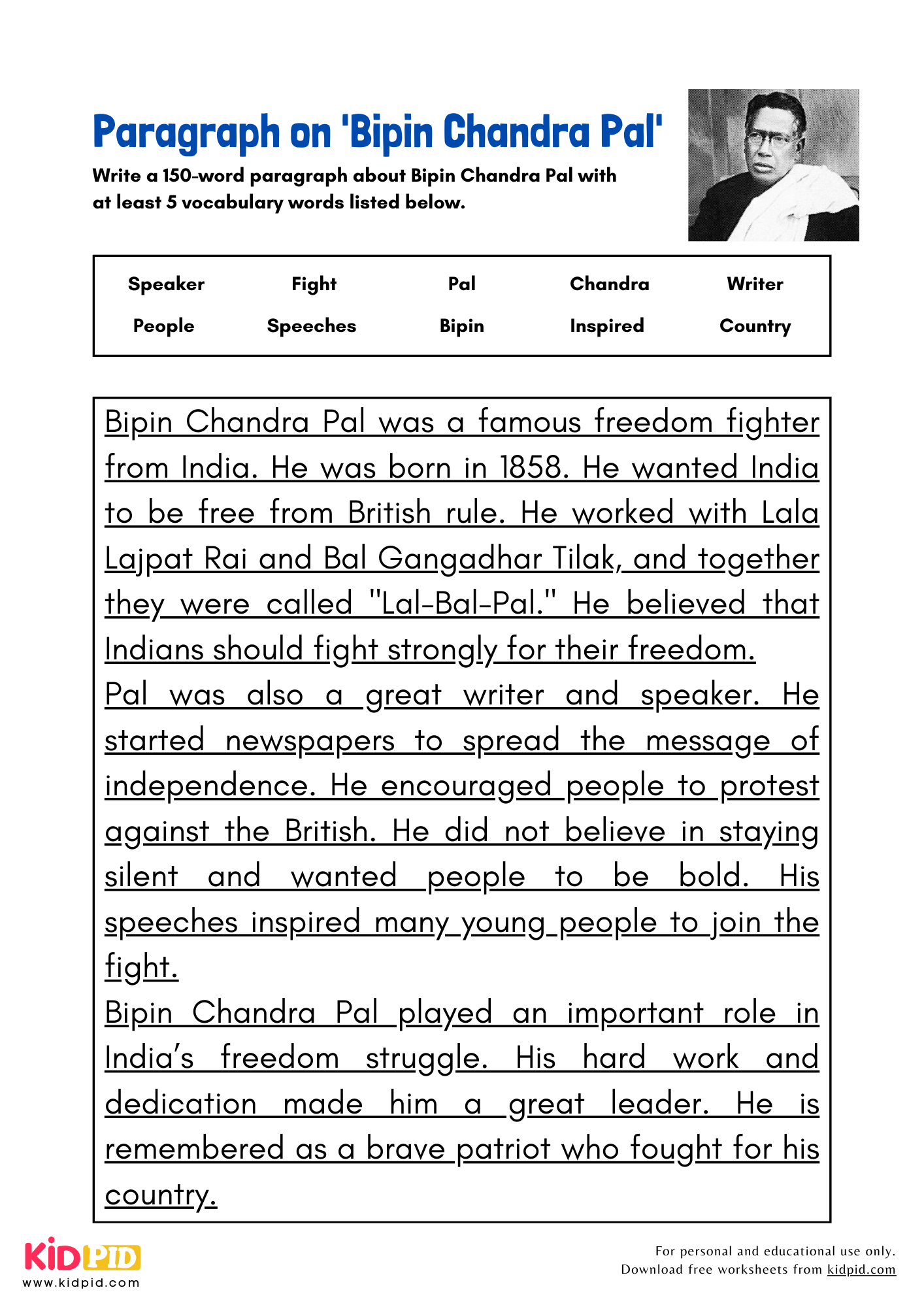 Paragraph on 'Bipin Chandra Pal' - 150 Words