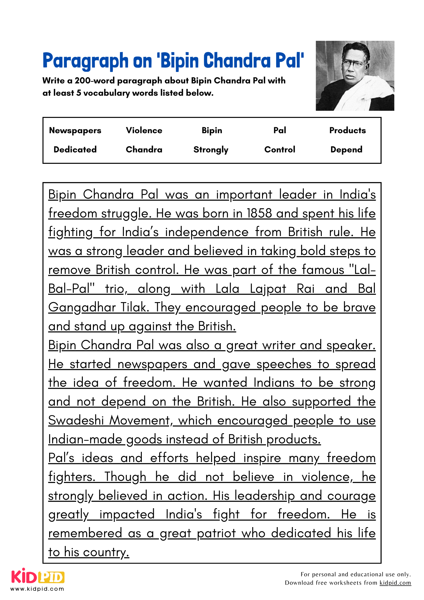 Paragraph on 'Bipin Chandra Pal' - 200 Words
