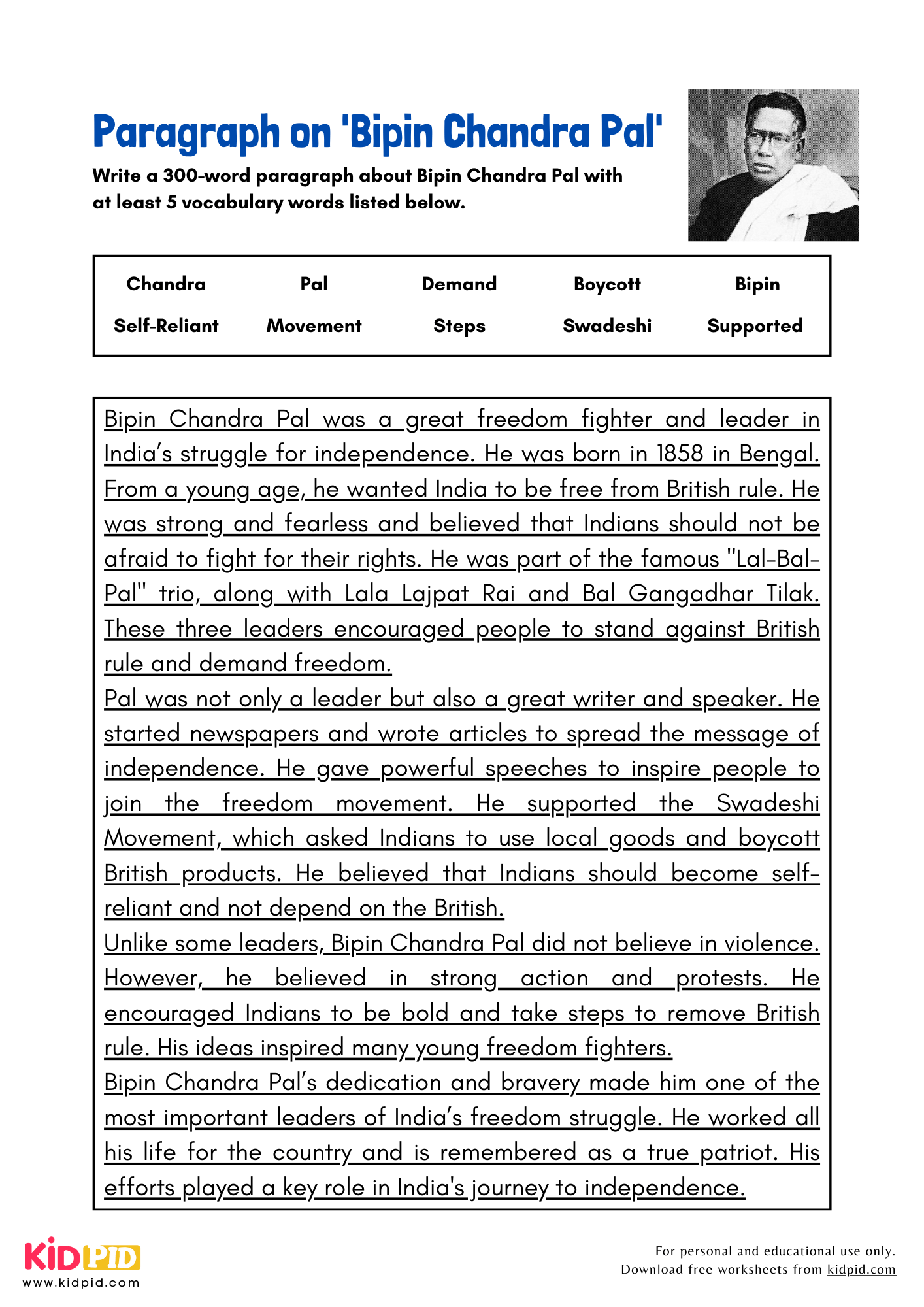 Paragraph on 'Bipin Chandra Pal' - 300 Words