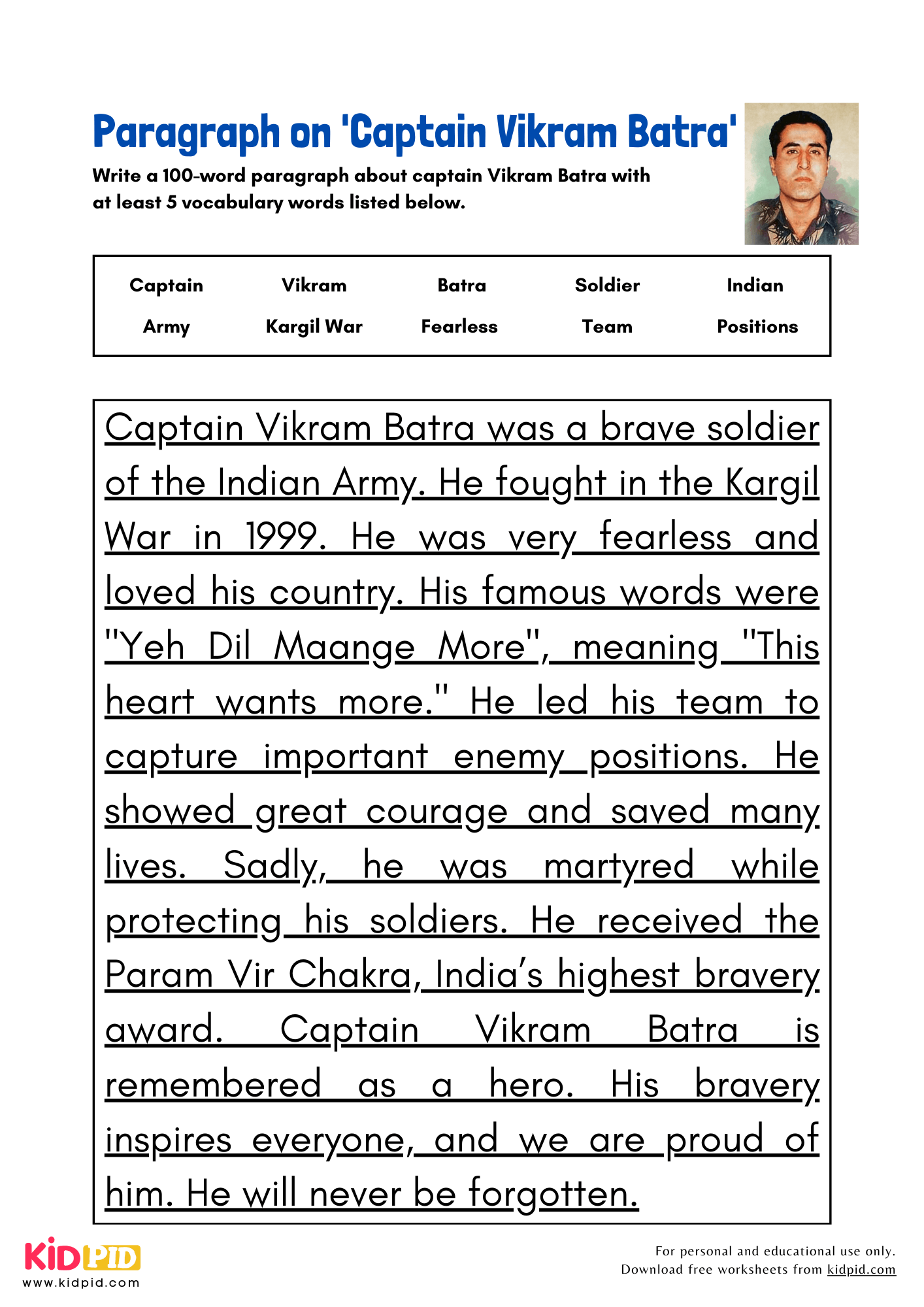 Paragraph on 'Captain Vikram Batra' - 100 Words