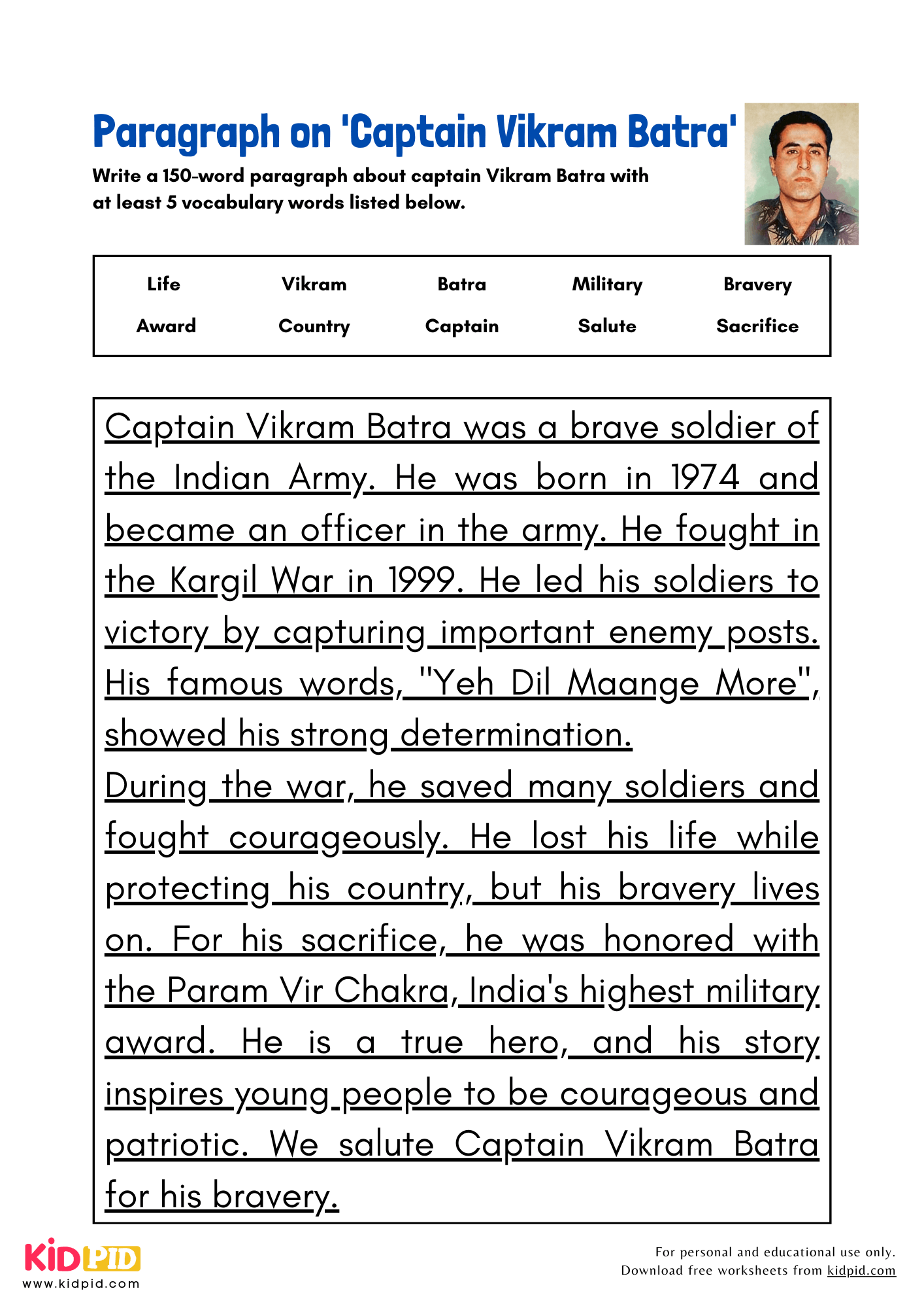 Paragraph on 'Captain Vikram Batra' - 150 Words