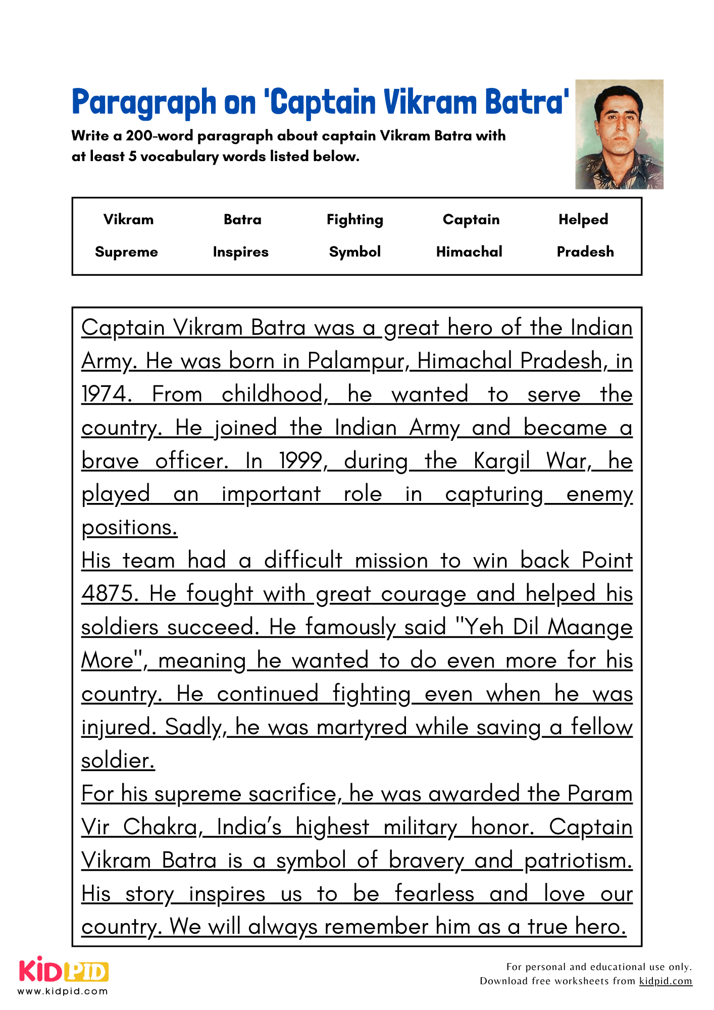 Paragraph on 'Captain Vikram Batra' - 200 Words