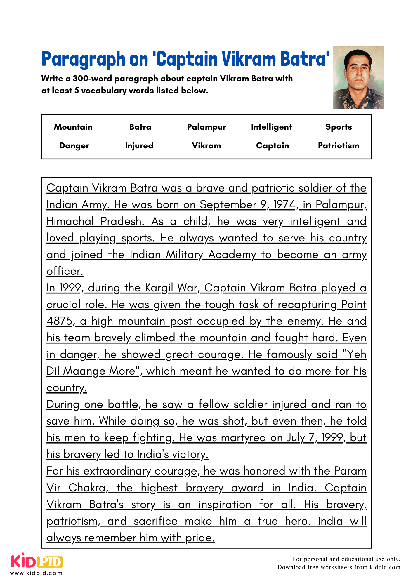 Paragraph on 'Captain Vikram Batra' - 300 Words