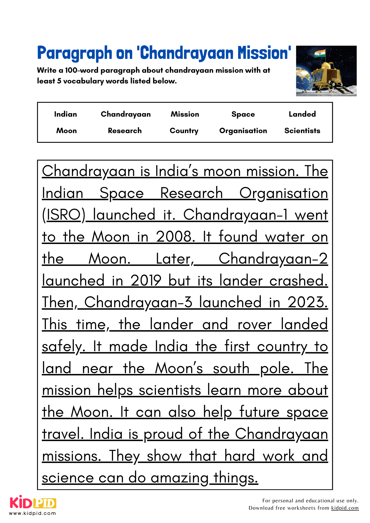 Paragraph on 'Chandrayaan Mission' - 100 Words