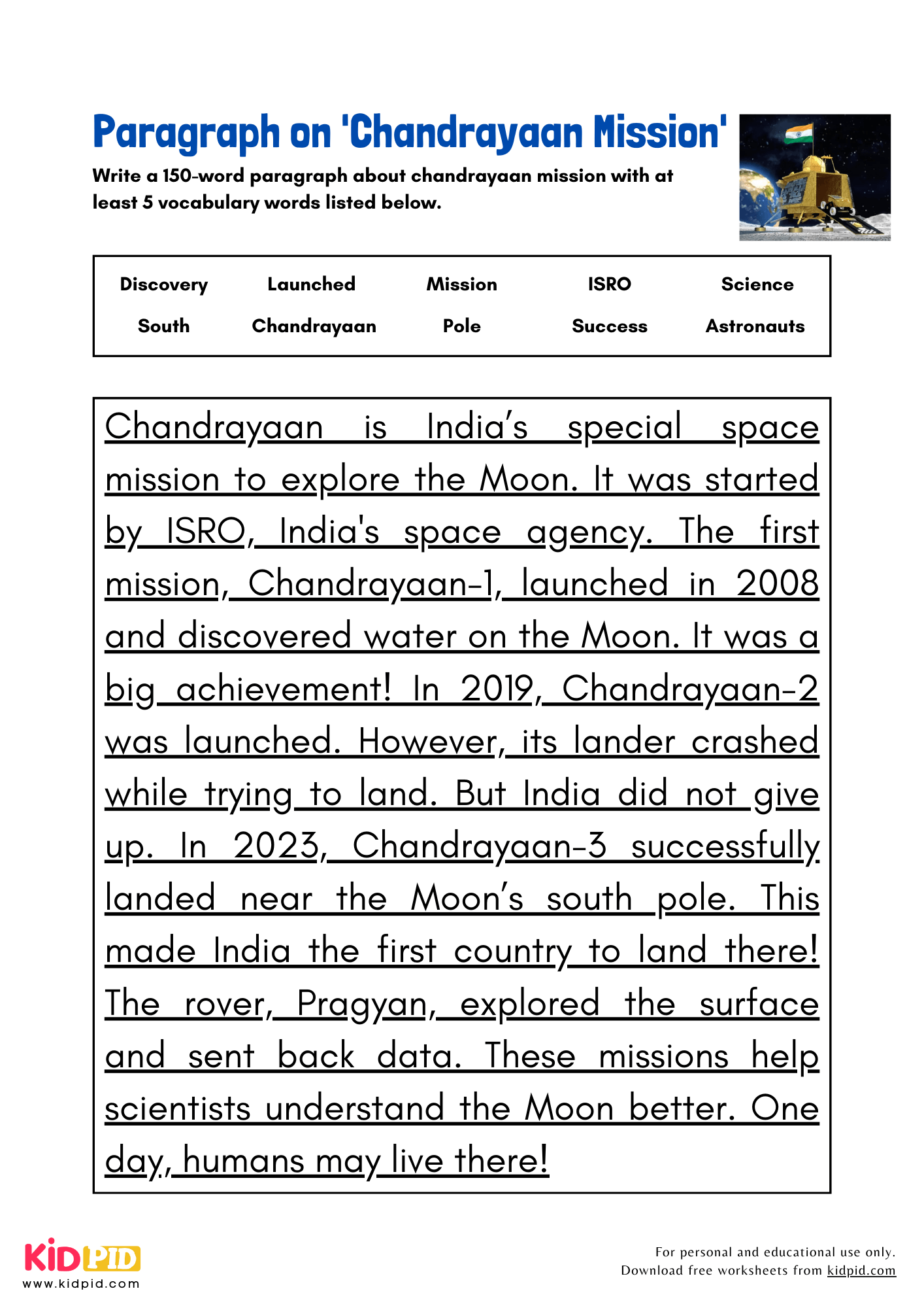 Paragraph on 'Chandrayaan Mission' - 150 Words