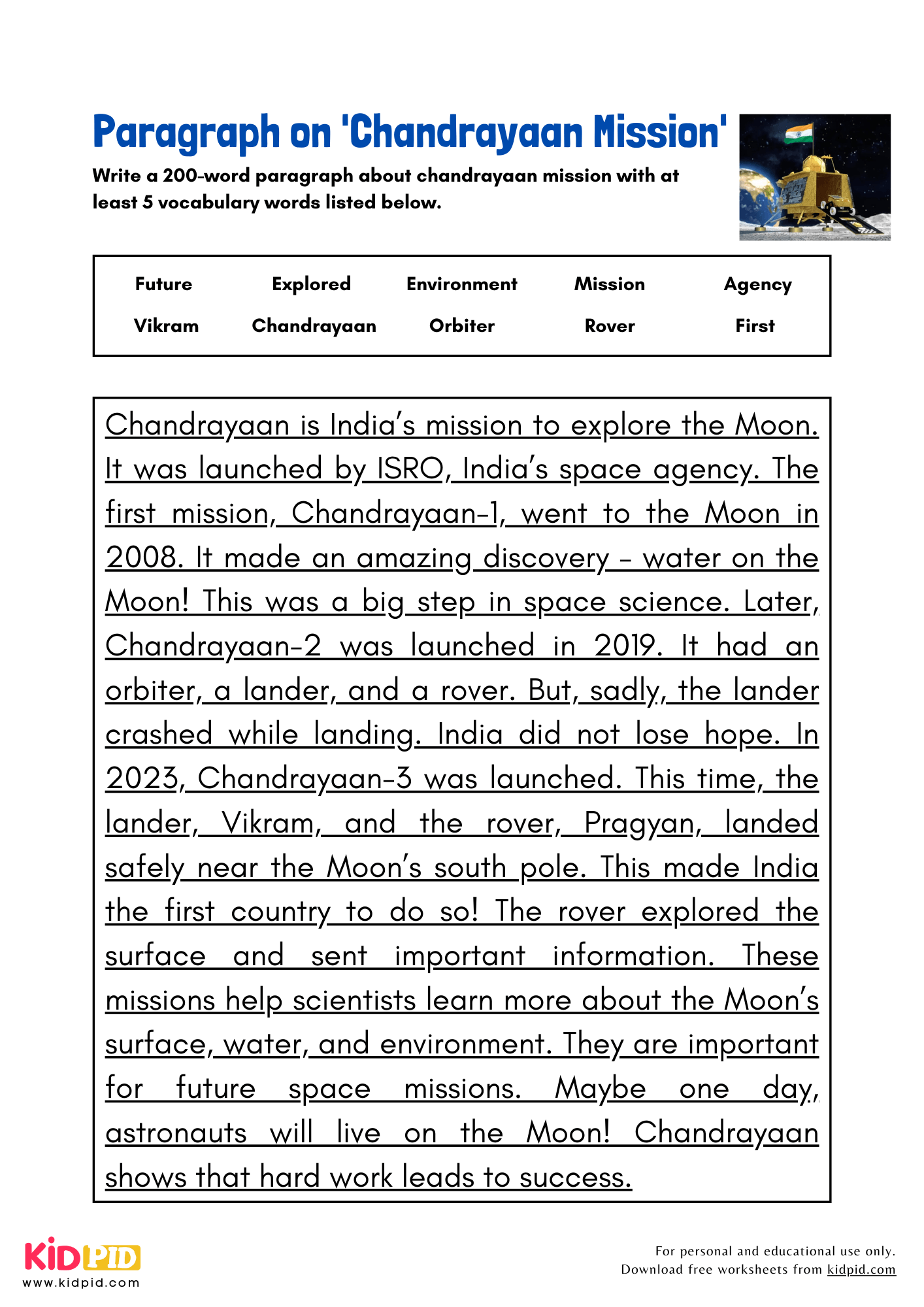 Paragraph on 'Chandrayaan Mission' - 200 Words
