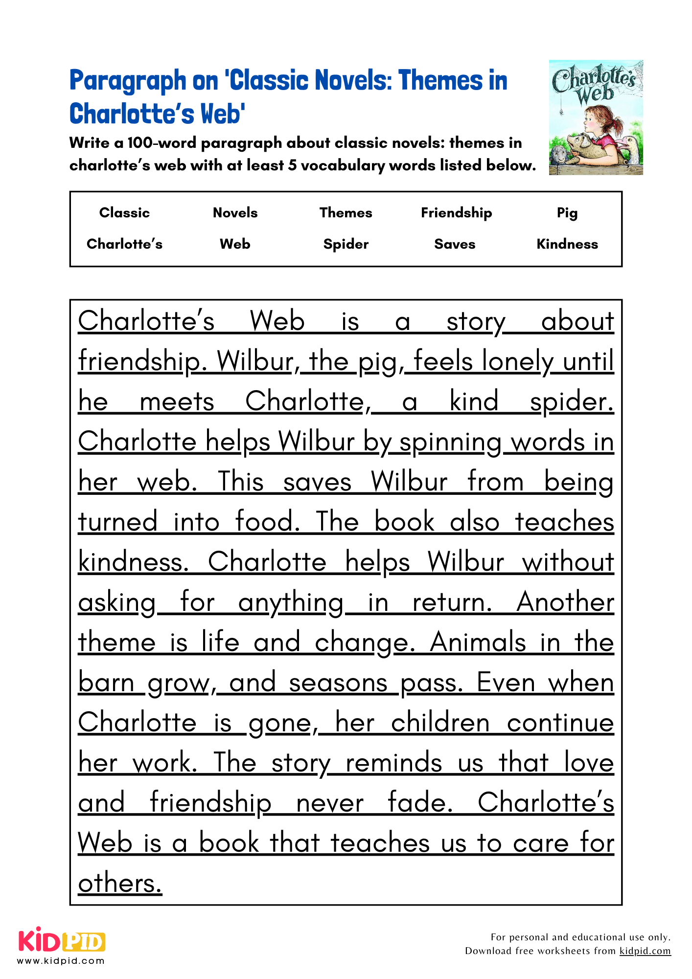 Paragraph on 'Classic Novels: Themes in Charlotte’s Web' - 100 Words