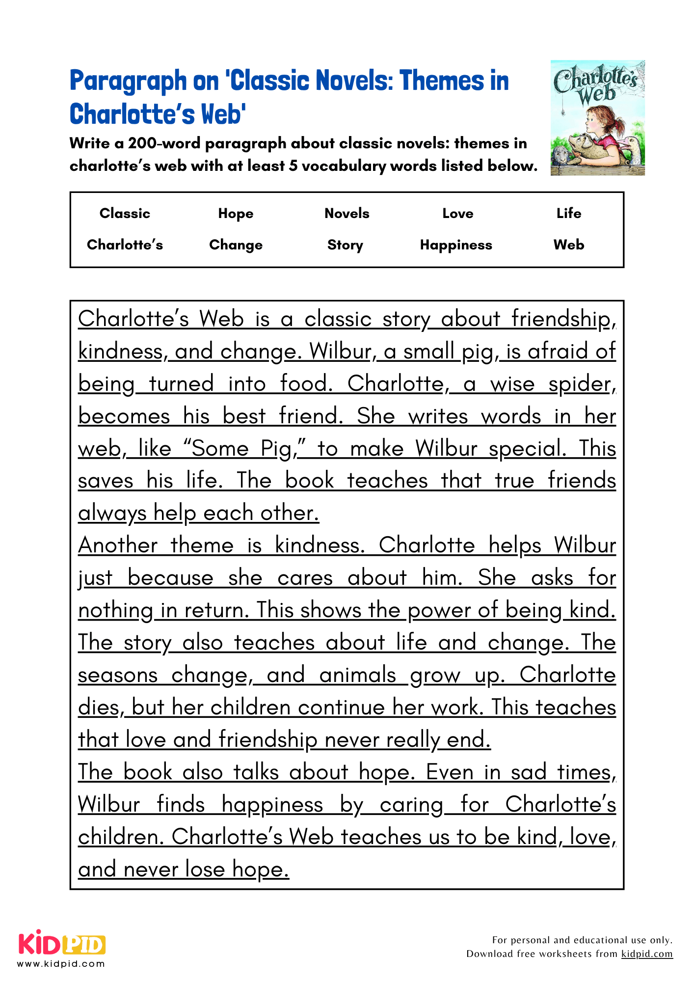 Paragraph on 'Classic Novels: Themes in Charlotte’s Web' - 200 Words