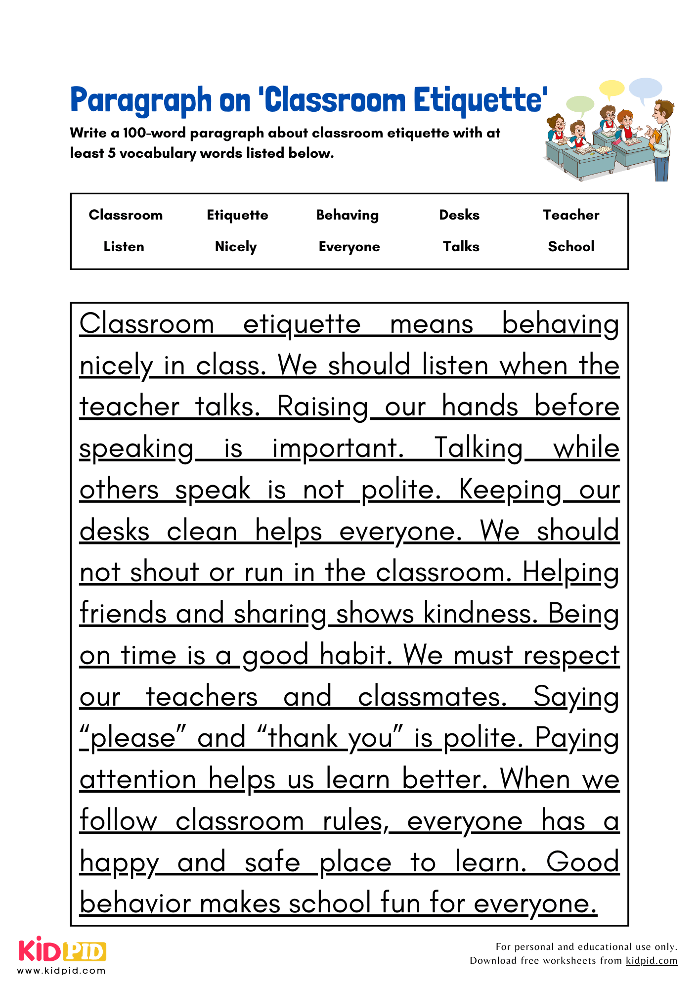 Paragraph on 'Classroom Etiquette' - 100 Words