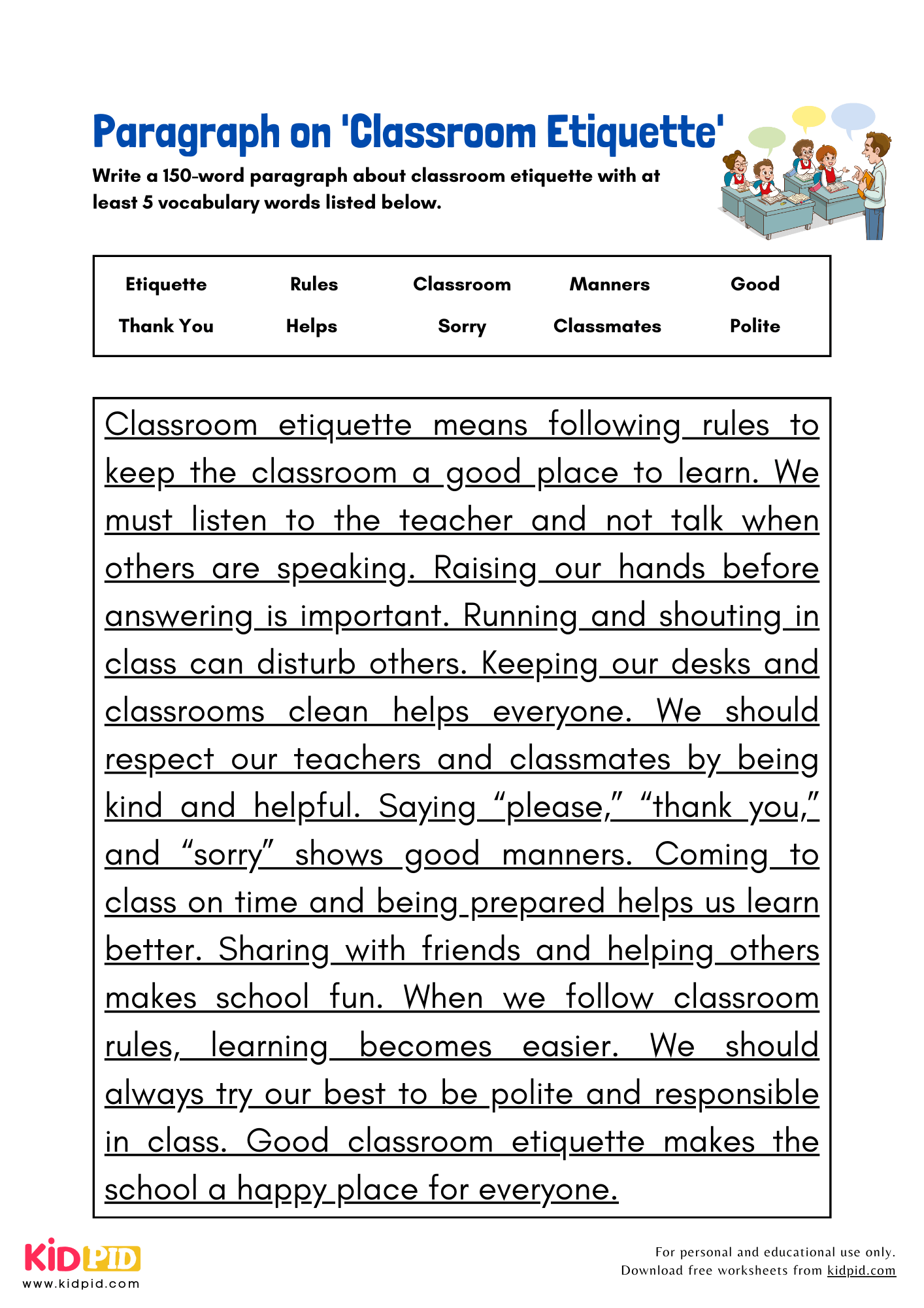 Paragraph on 'Classroom Etiquette' - 150 Words