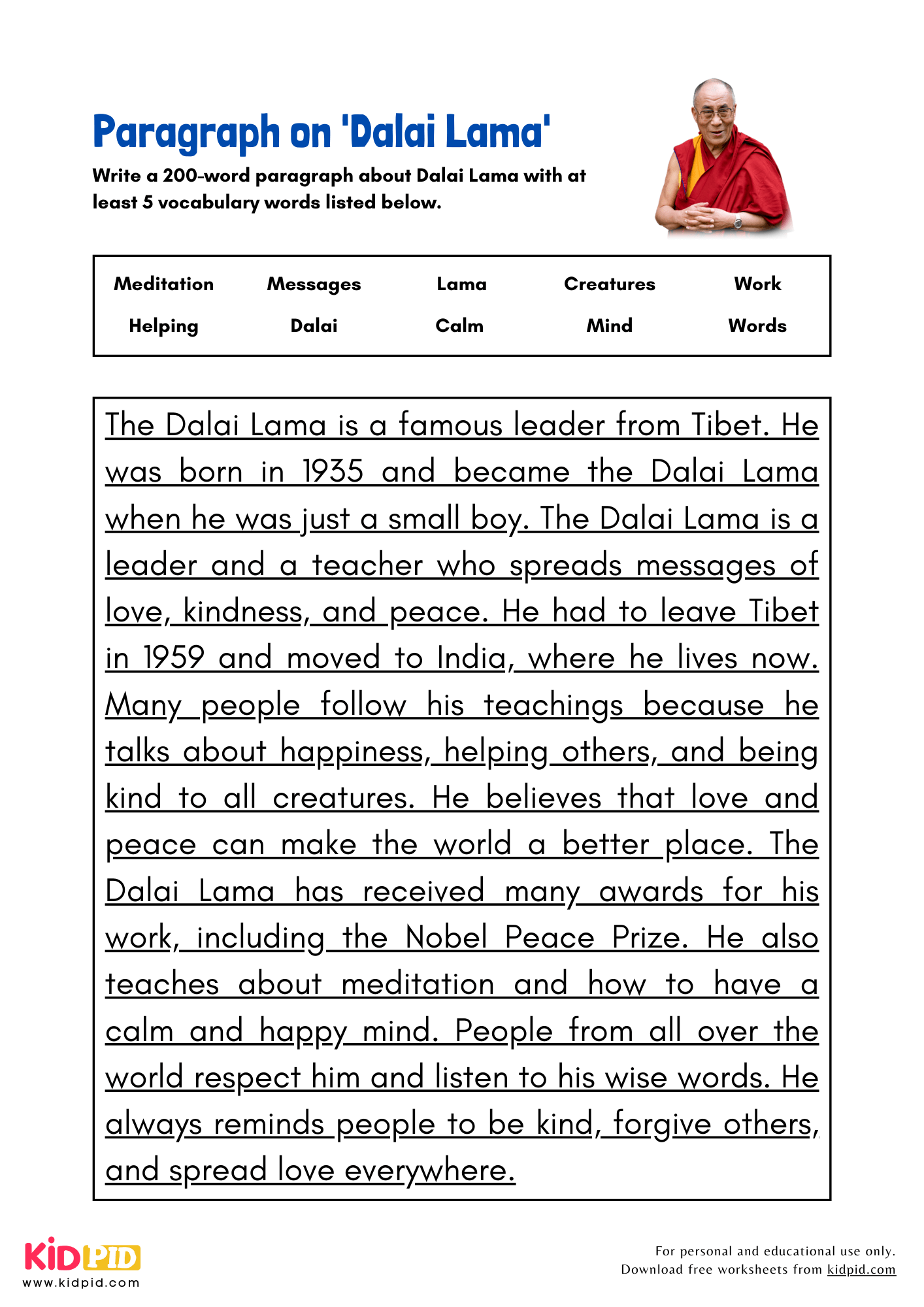Paragraph on 'Dalai Lama' - 200 Words