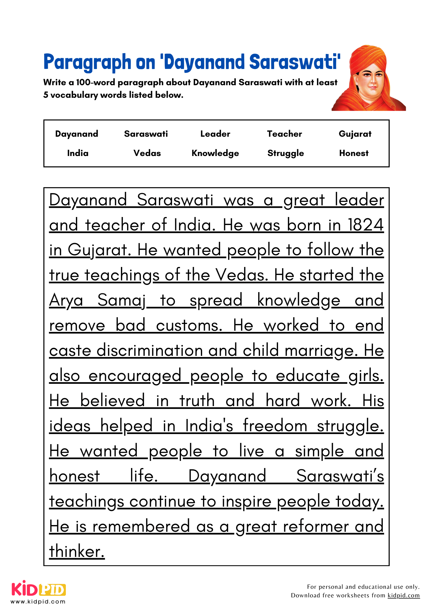 Paragraph on 'Dayanand Saraswati' - 100 Words