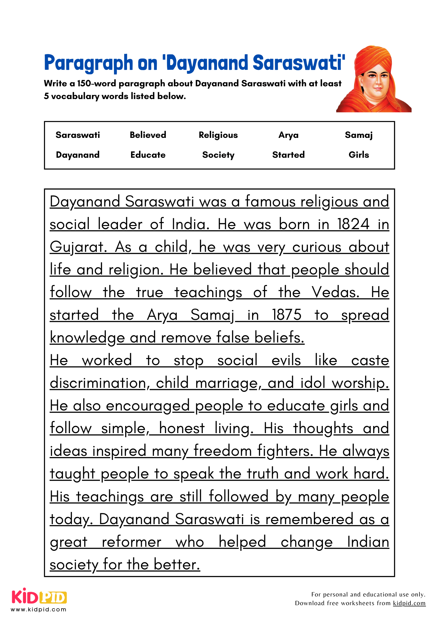 Paragraph on 'Dayanand Saraswati' - 150 Words