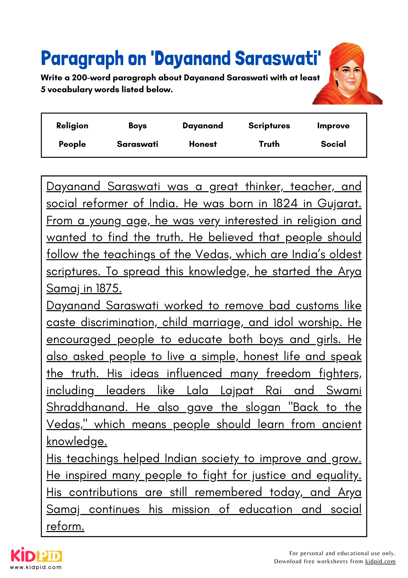 Paragraph on 'Dayanand Saraswati' - 200 Words