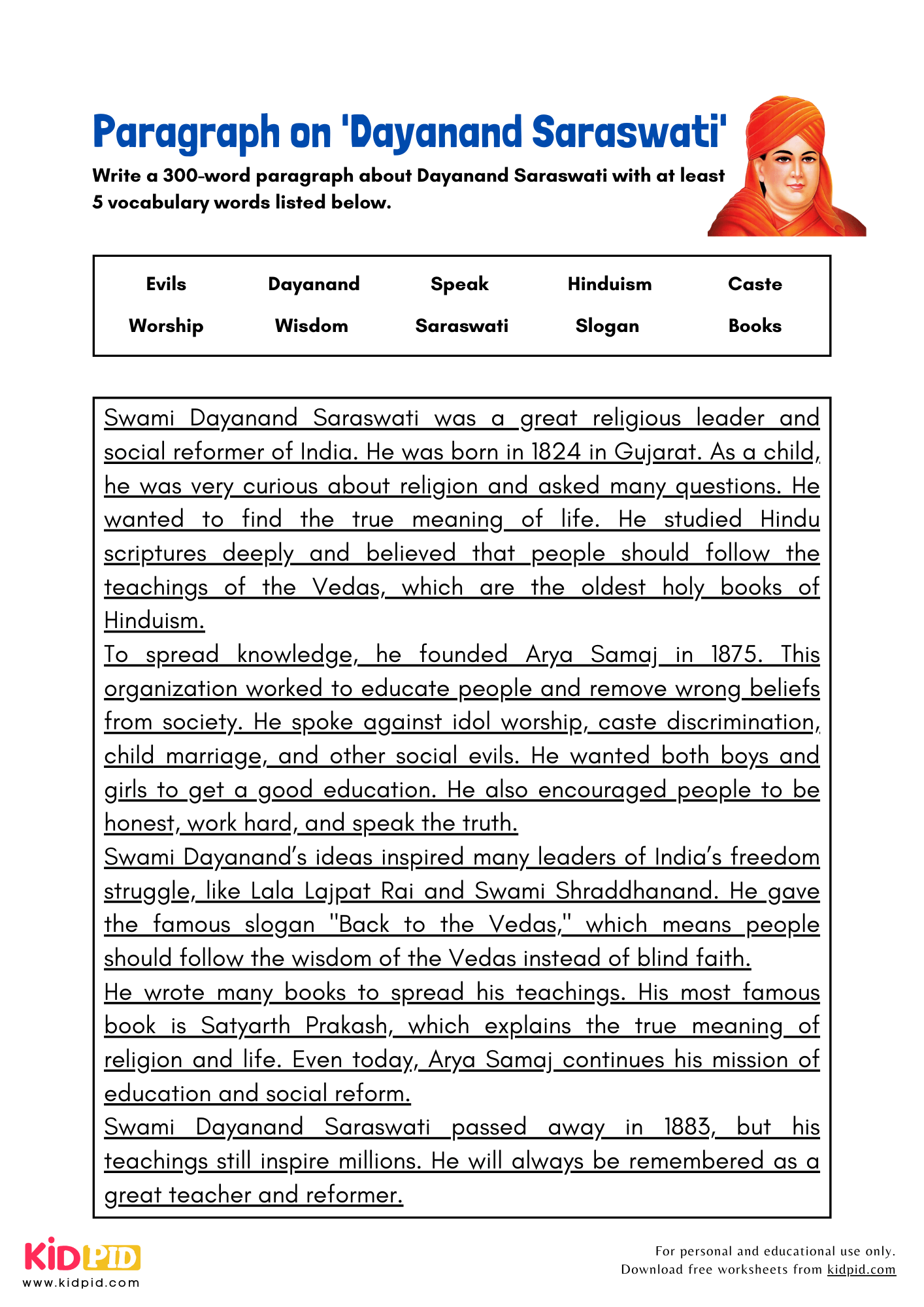 Paragraph on 'Dayanand Saraswati' - 300 Words