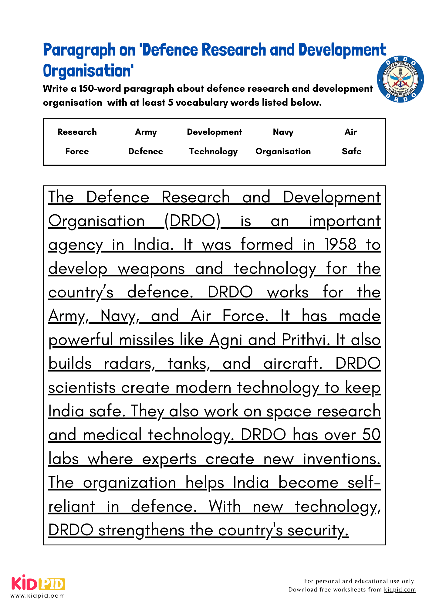 Paragraph on 'Defence Research and Development Organisation' - 150 Words