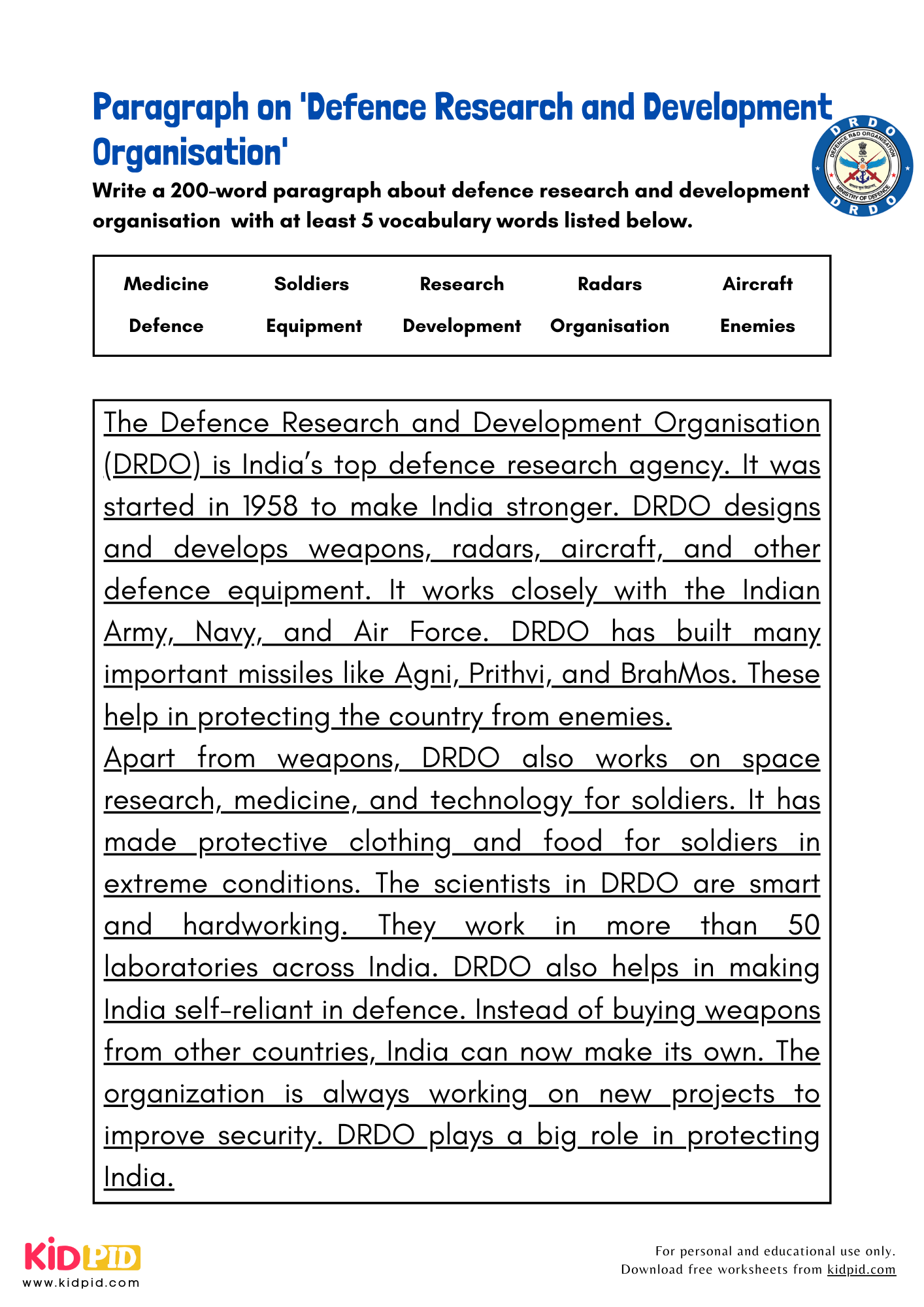 Paragraph on 'Defence Research and Development Organisation' - 200 Words