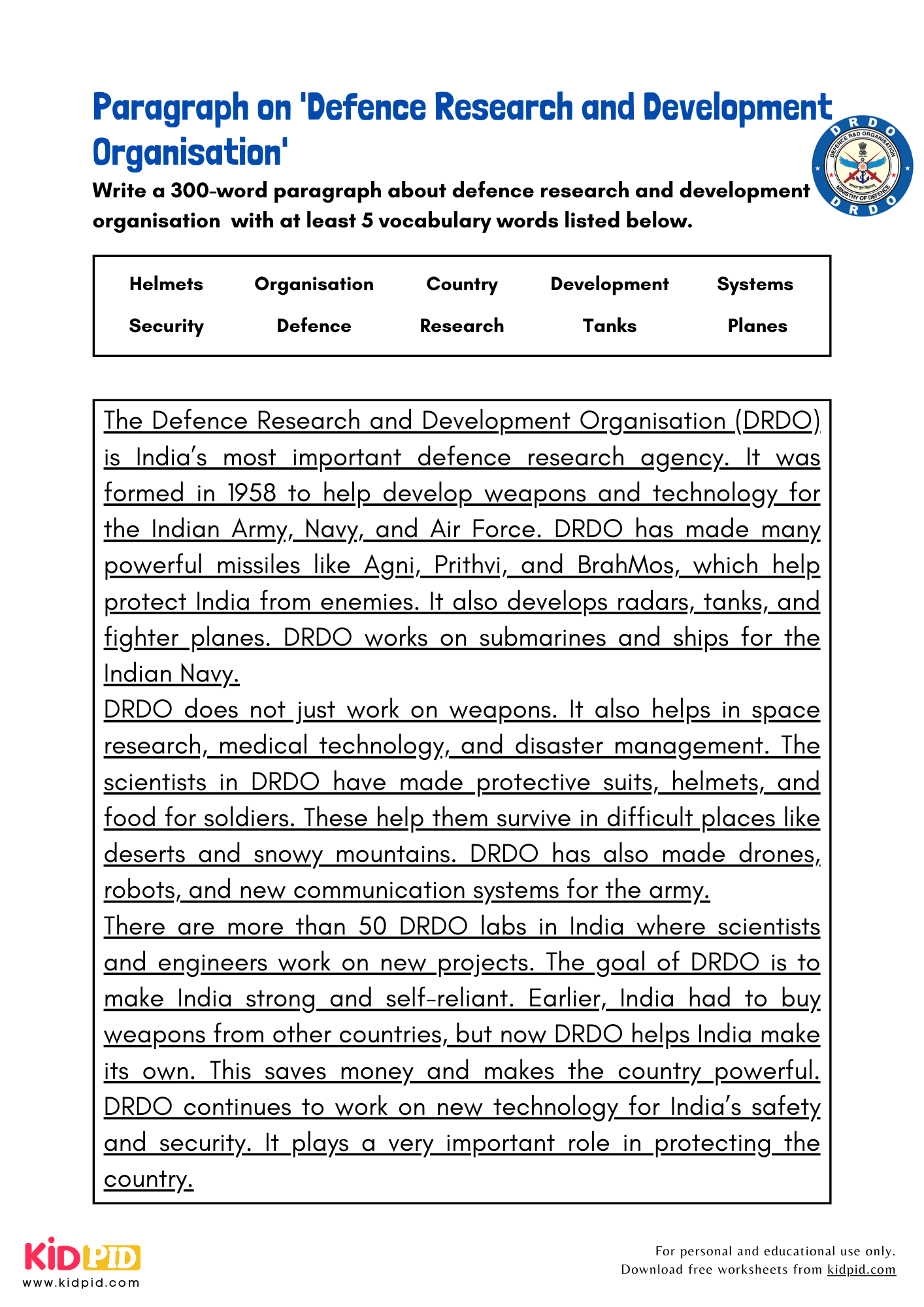 Paragraph on 'Defence Research and Development Organisation' - 300 Words