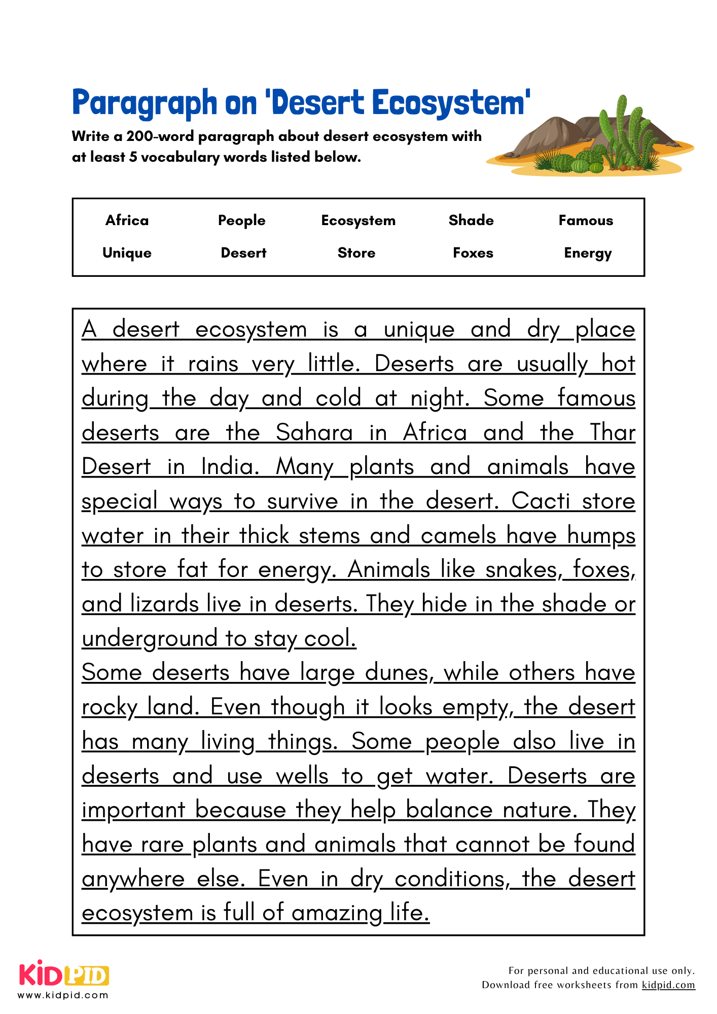 Paragraph on 'Desert Ecosystem' - 200 Words