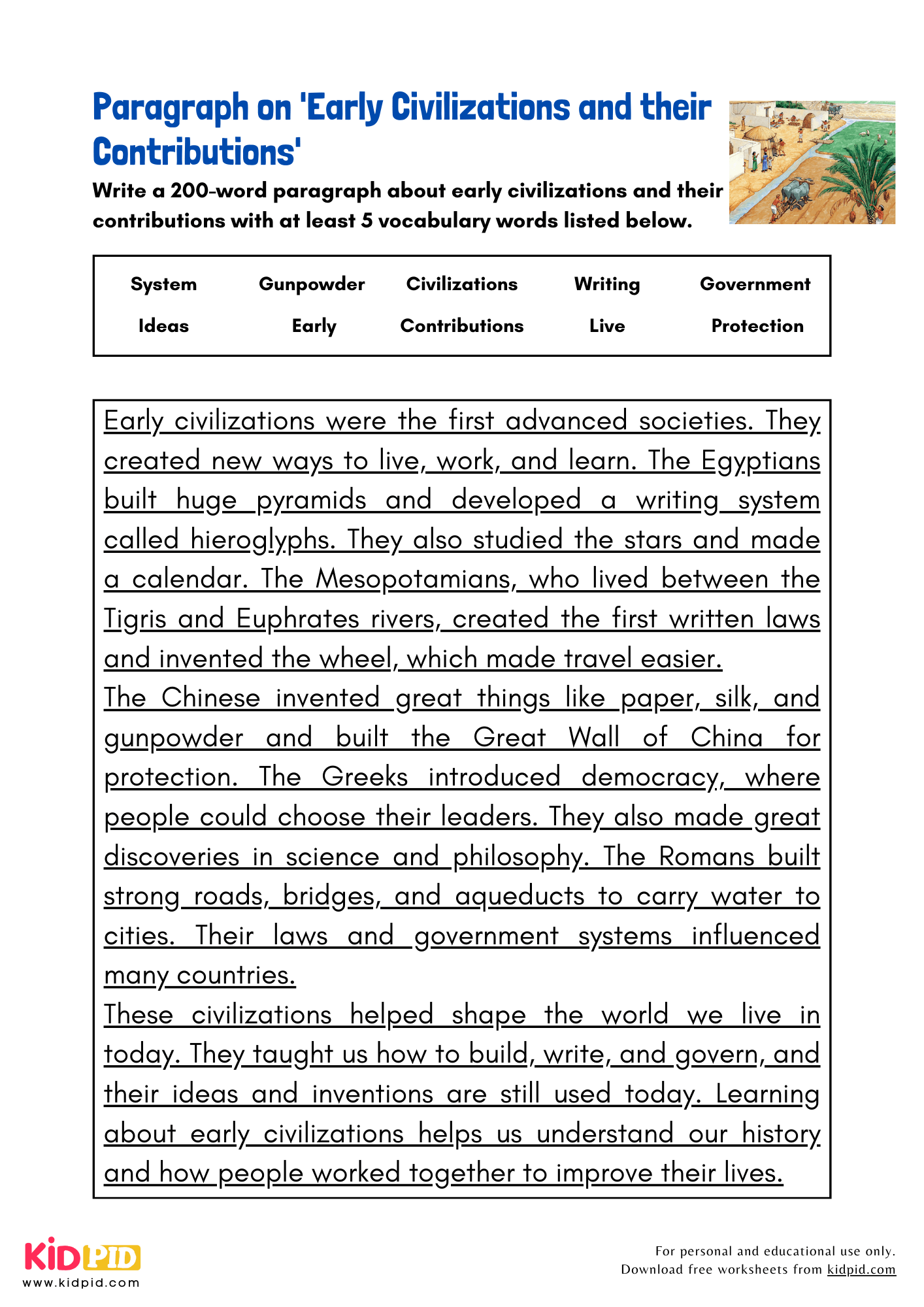 Paragraph on 'Early Civilizations and their Contributions' - 200 Words