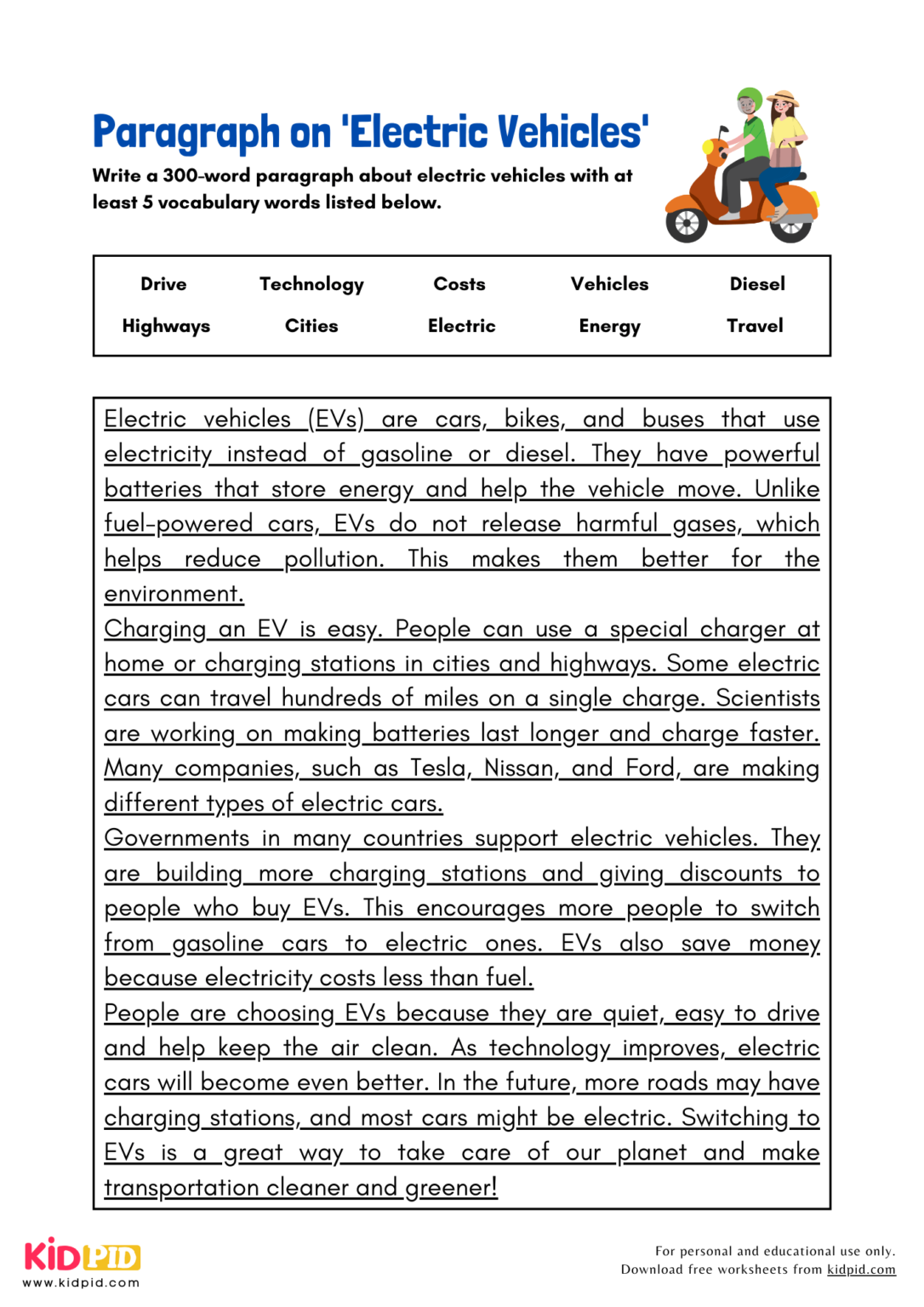 Paragraph on 'Electric Vehicles' - Kidpid
