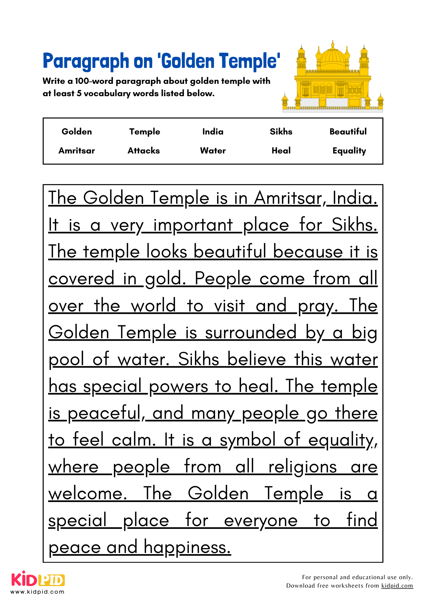 Paragraph on 'Golden Temple' - 100 Words