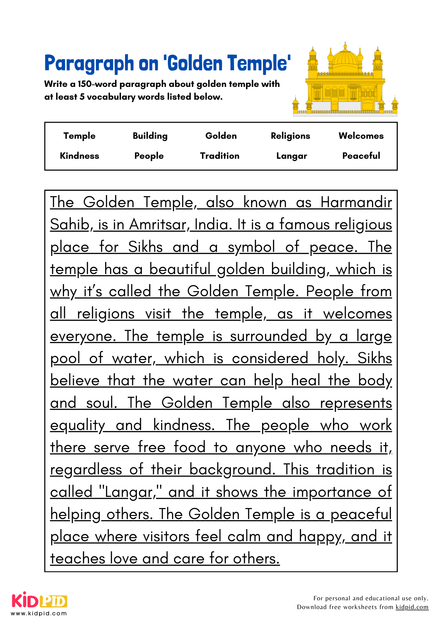 Paragraph on 'Golden Temple' - 150 Words